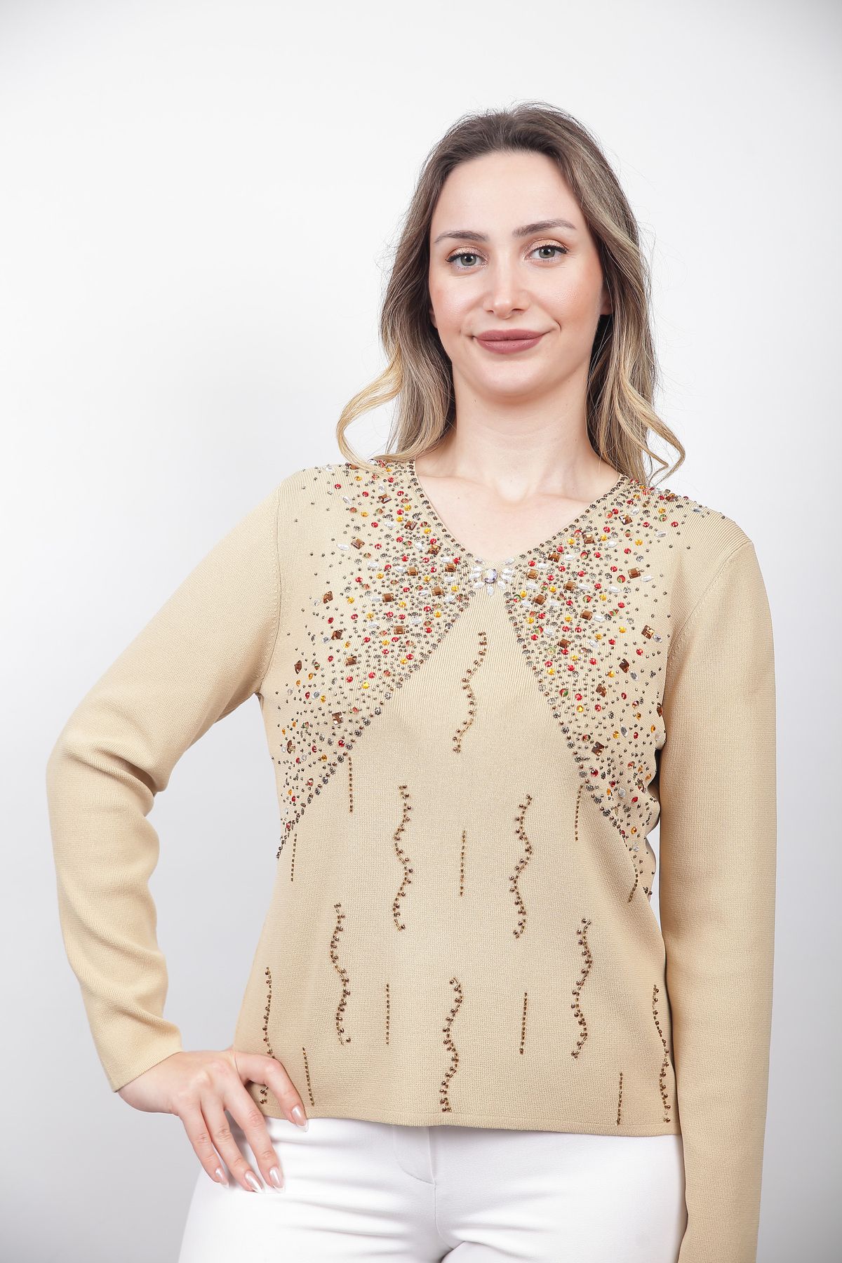 Sude-Beige Women's Knitwear Blouse - 6428 1