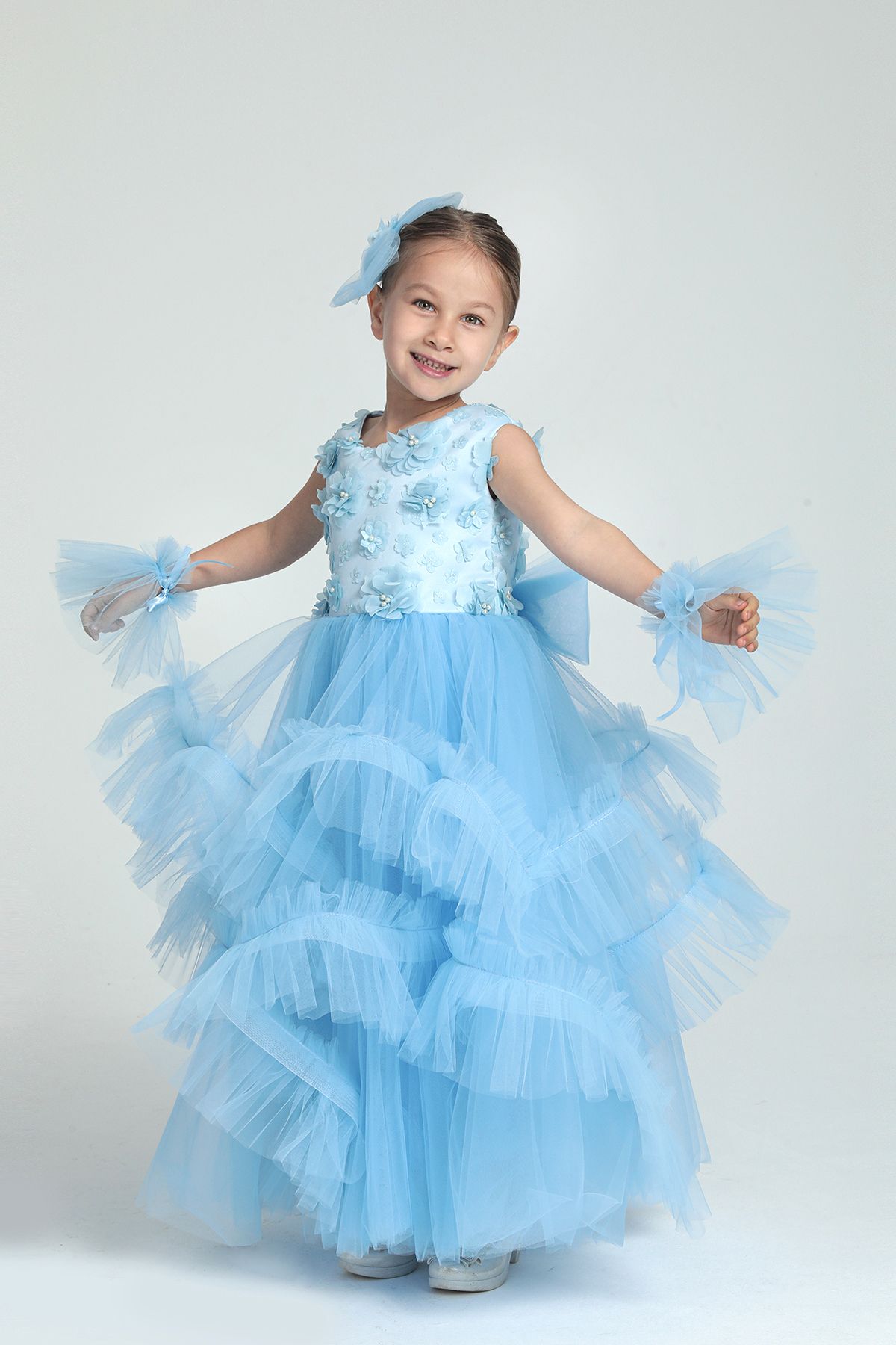 modabesta-Ice Blue Floral Green Skirt Girls' Evening Dress and Party Dress 3