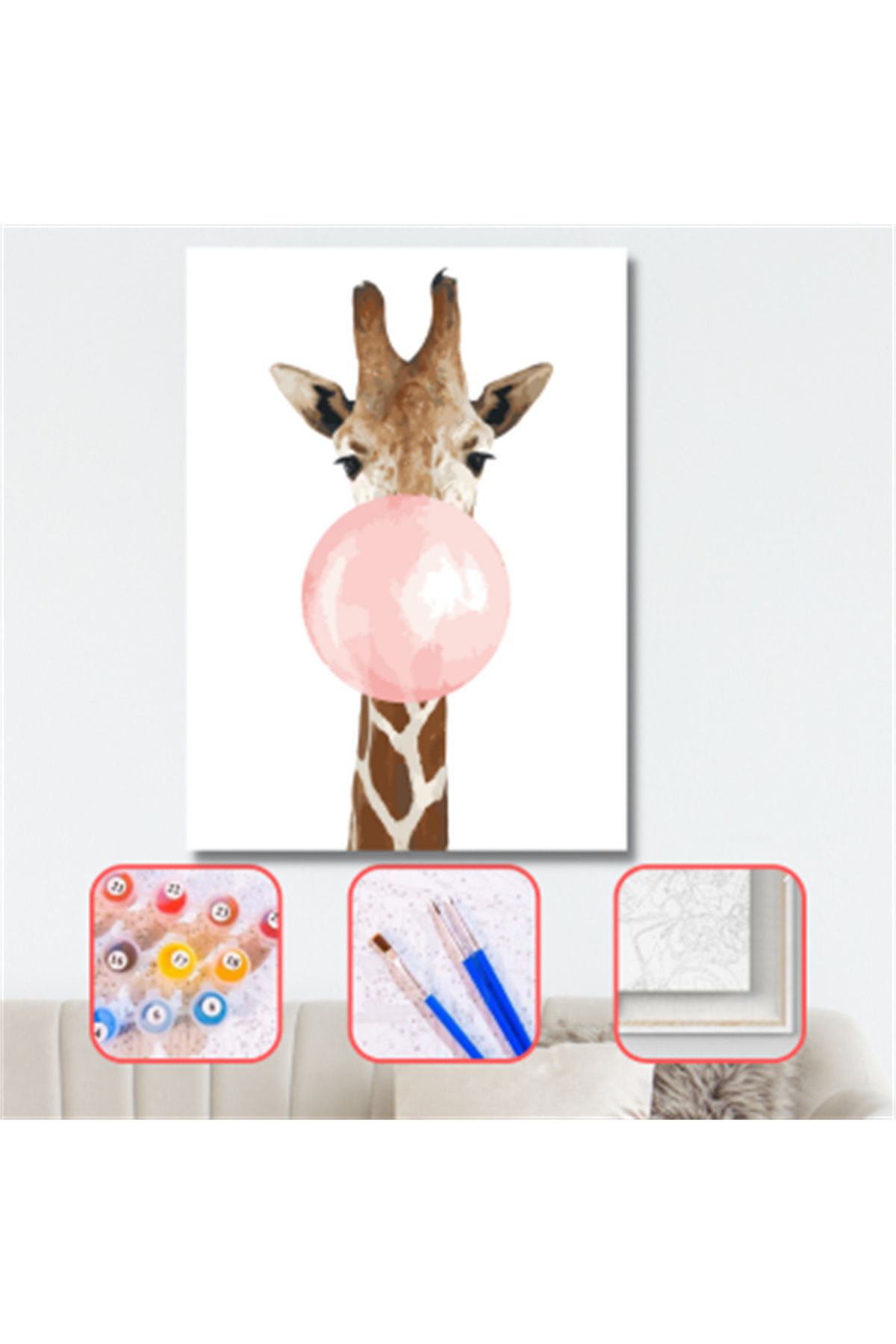 kendinyaphobi-Pink Gum Giraffe - 60X75 Cm, Painting Set with Frame and Pulley 1