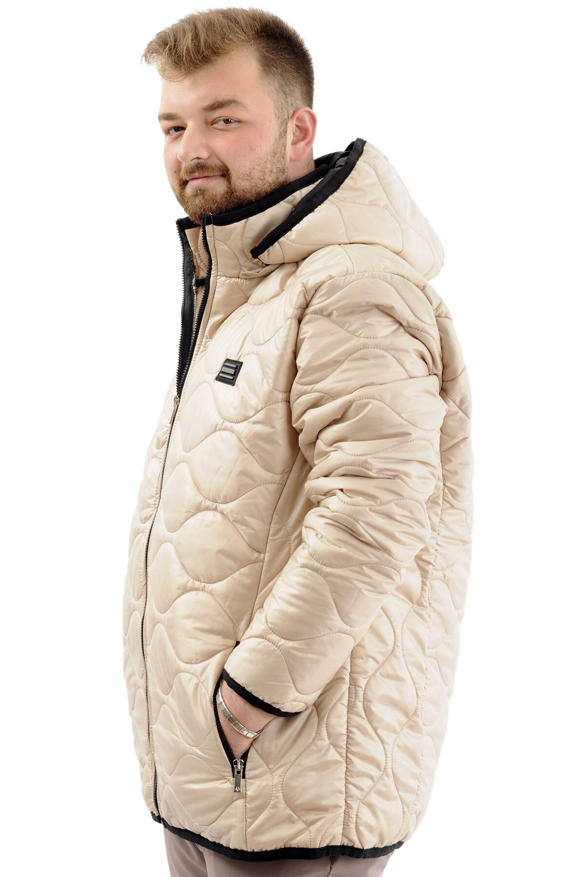 ModeXL Mode XL Büyük Beden Erkek Kapitone Kalın Mont Cepli Kapüşonlu U24604 Bej görsel 2
