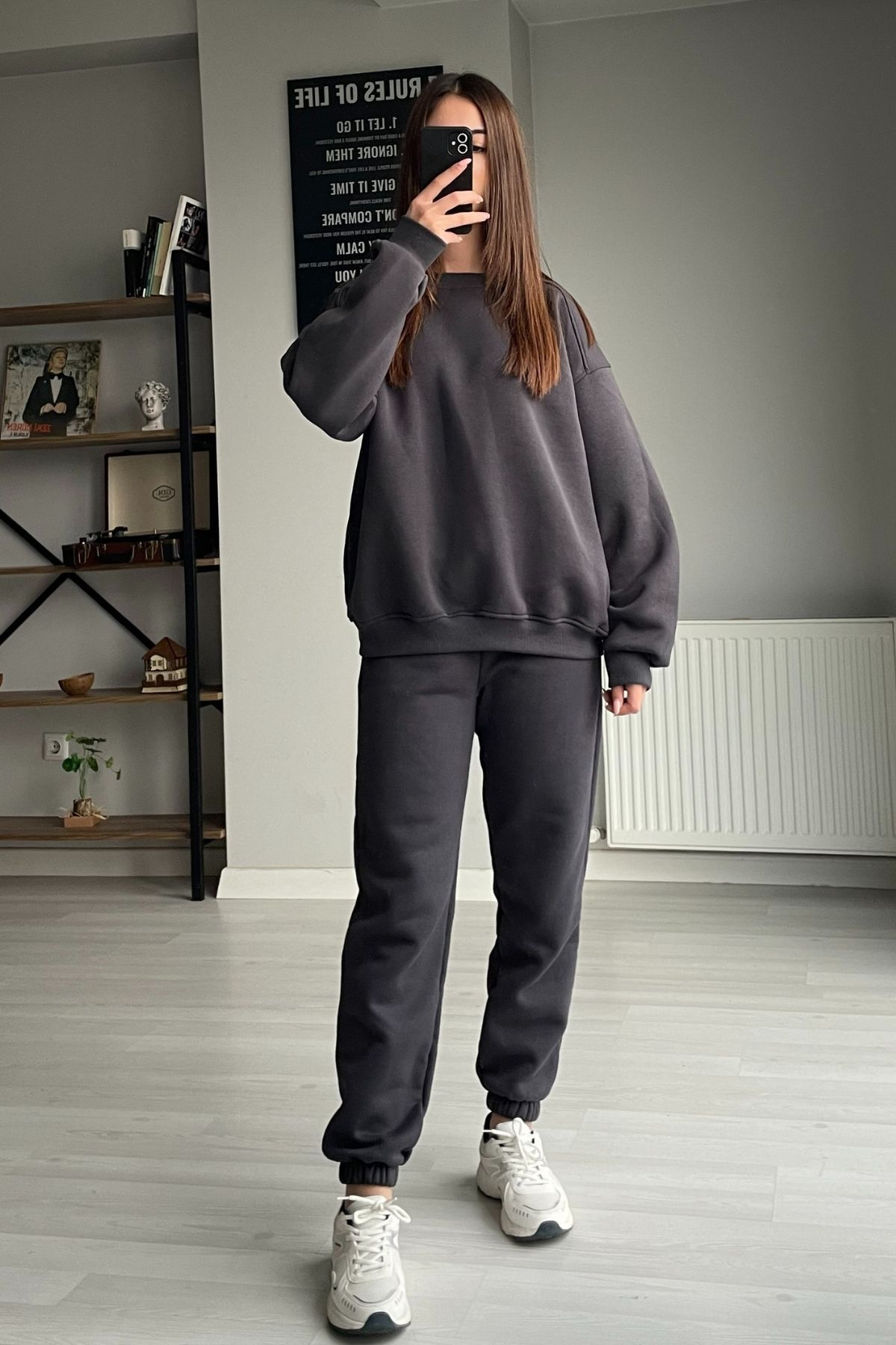 Orihime-Women's Anthracite Oversize Wide 3 Thread Fleece Raised Crew Neck Tracksuit Set 6