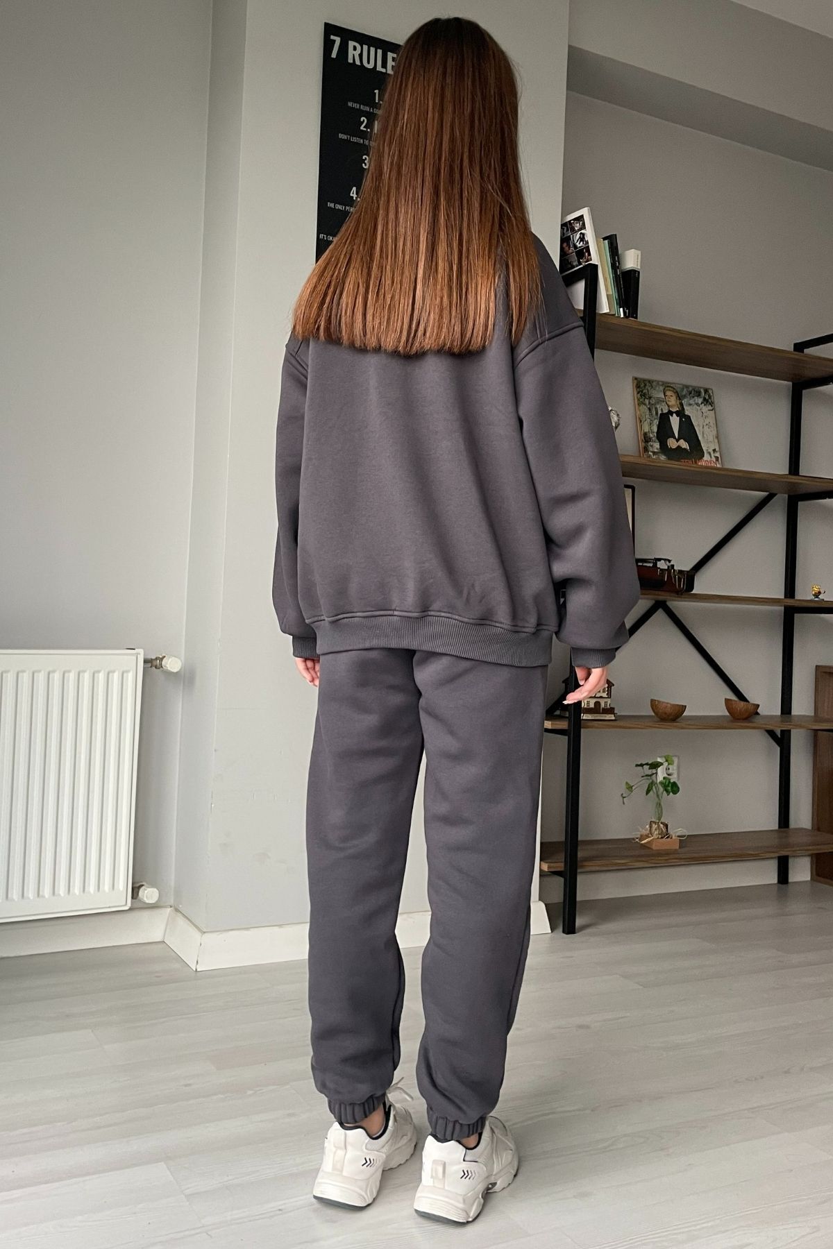 Orihime-Women's Anthracite Oversize Wide 3 Thread Fleece Raised Crew Neck Tracksuit Set 4