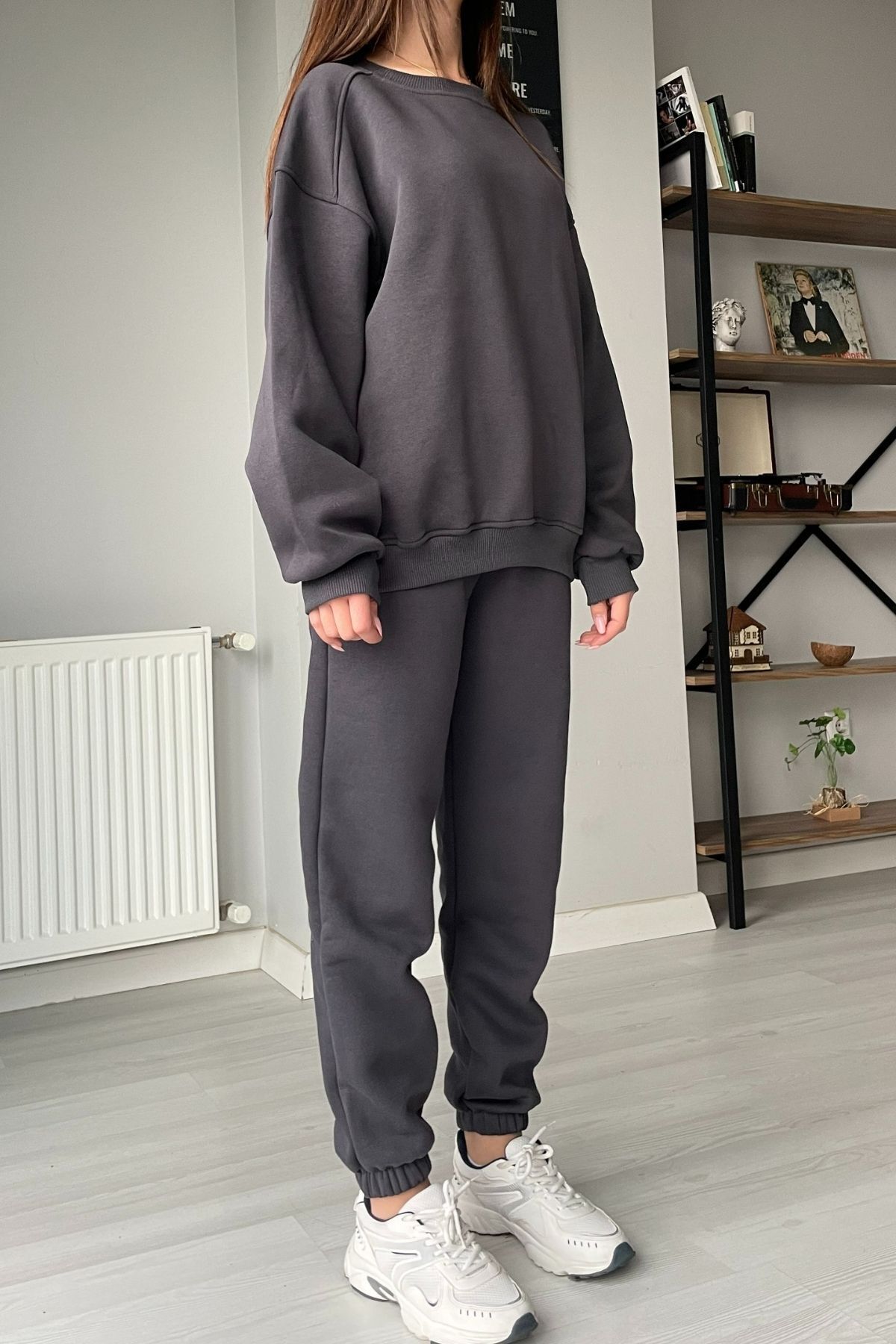 Orihime-Women's Anthracite Oversize Wide 3 Thread Fleece Raised Crew Neck Tracksuit Set 5