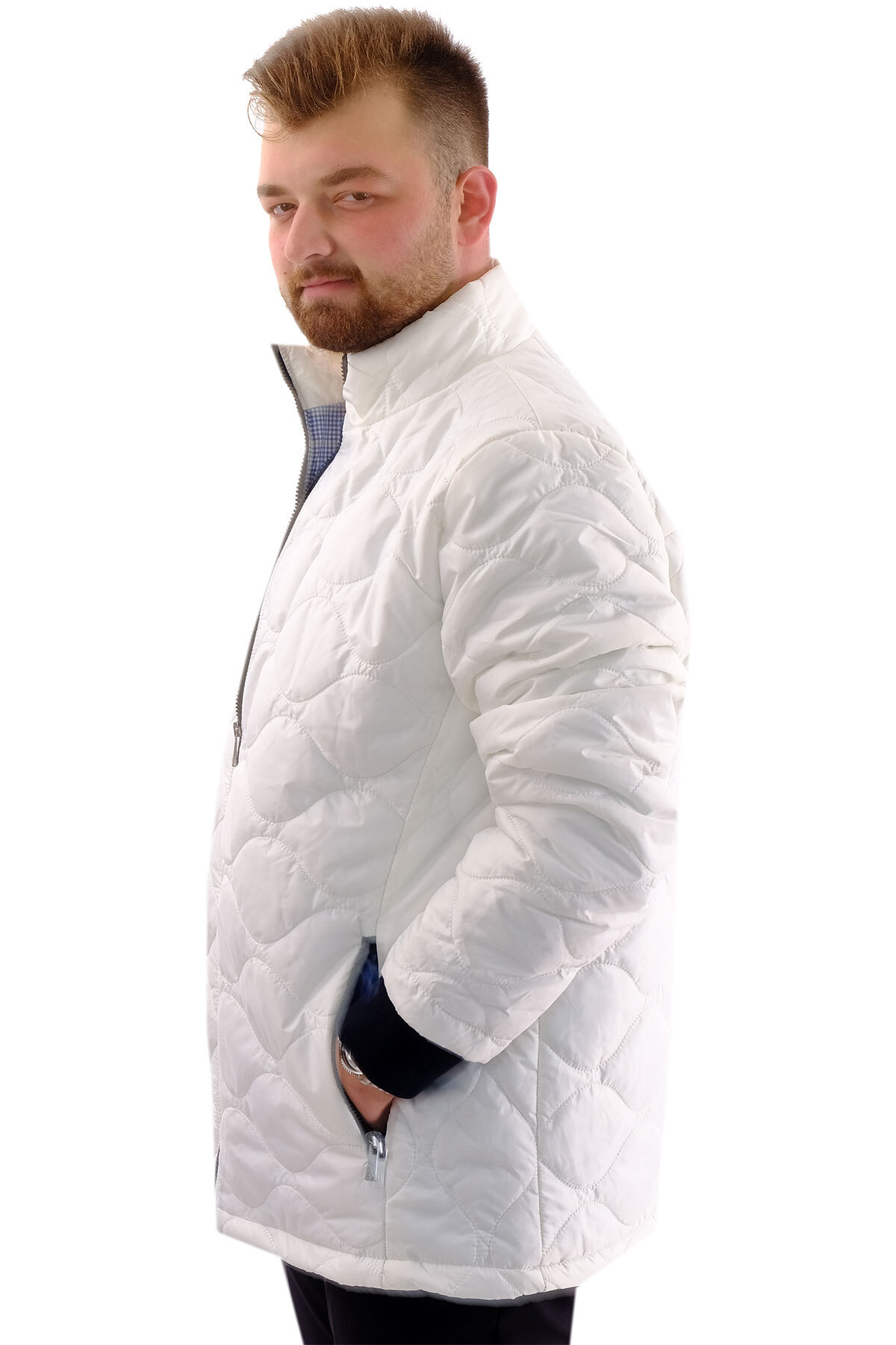 ModeXL Mode XL Erkek Büyük Beden Dik Yaka Ribanalı Kol Fermuarlı Mont U24611 Beyaz görsel 2