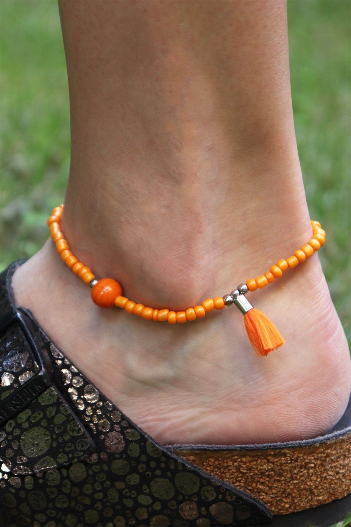 Sose Moda-Orange Tassel Detailed Bead Anklet 1