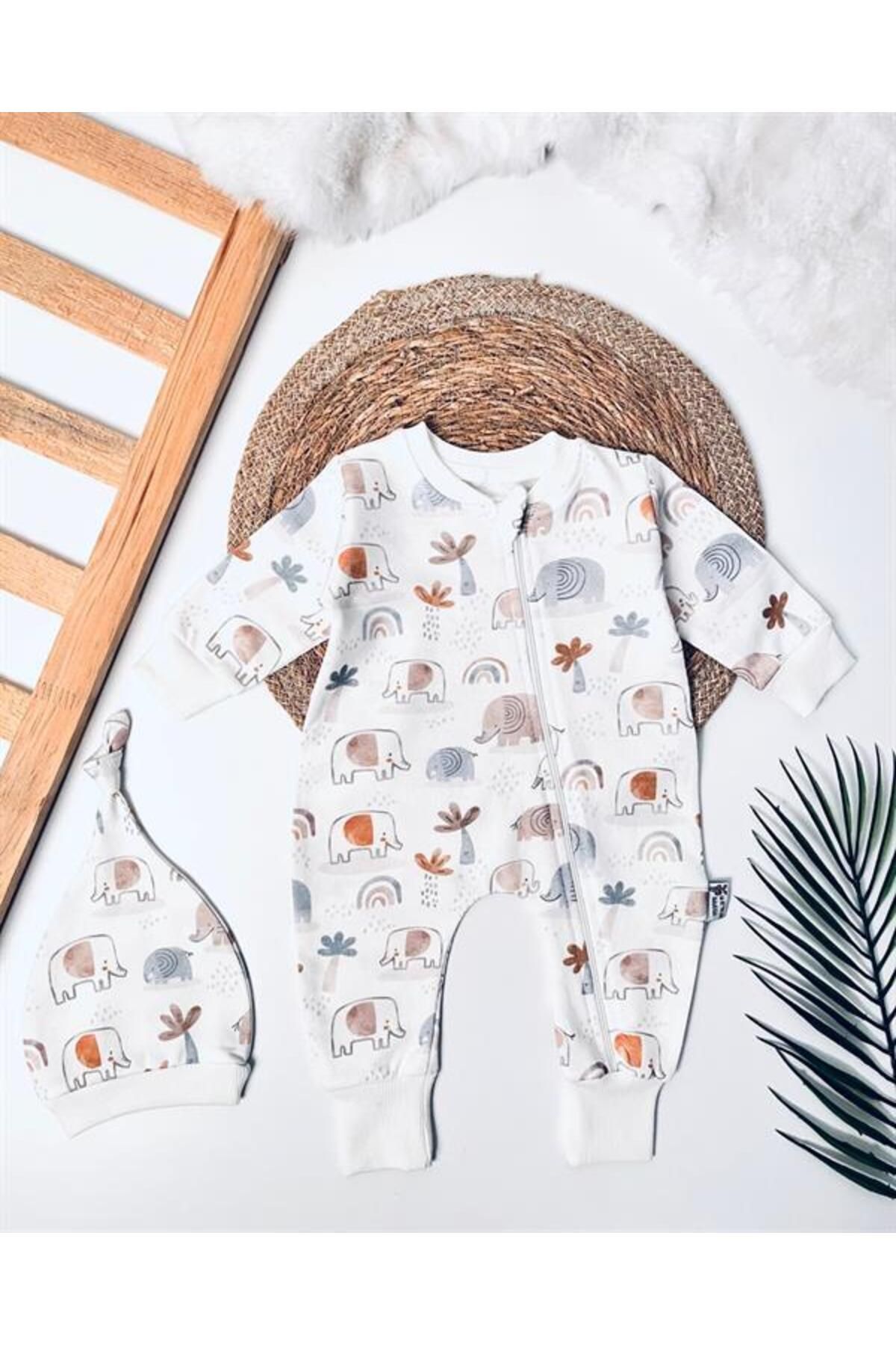 BOYS AND GİRLS-Baby Boy Elephant Print White Hat Jumpsuit 1