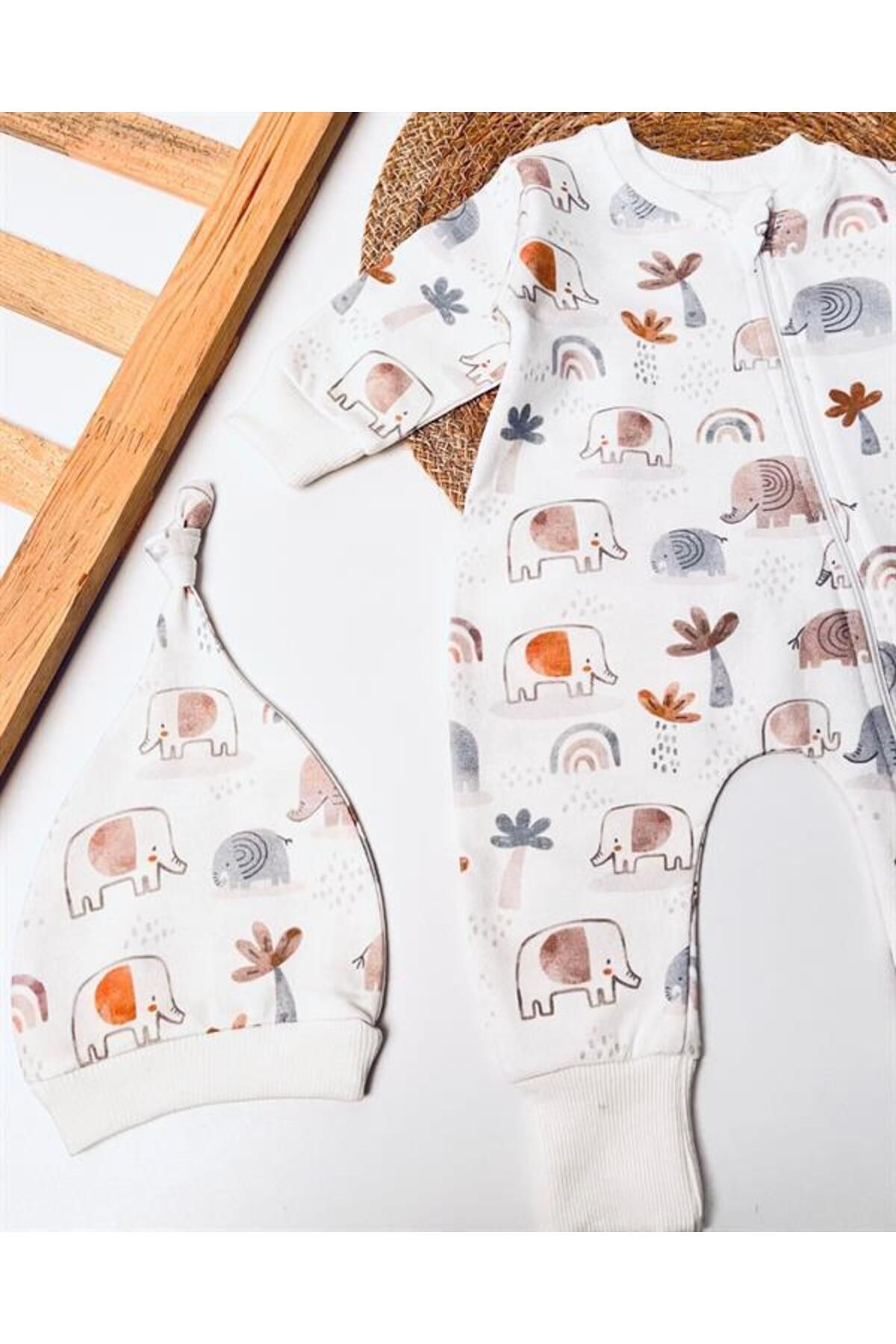 BOYS AND GİRLS-Baby Boy Elephant Print White Hat Jumpsuit 2