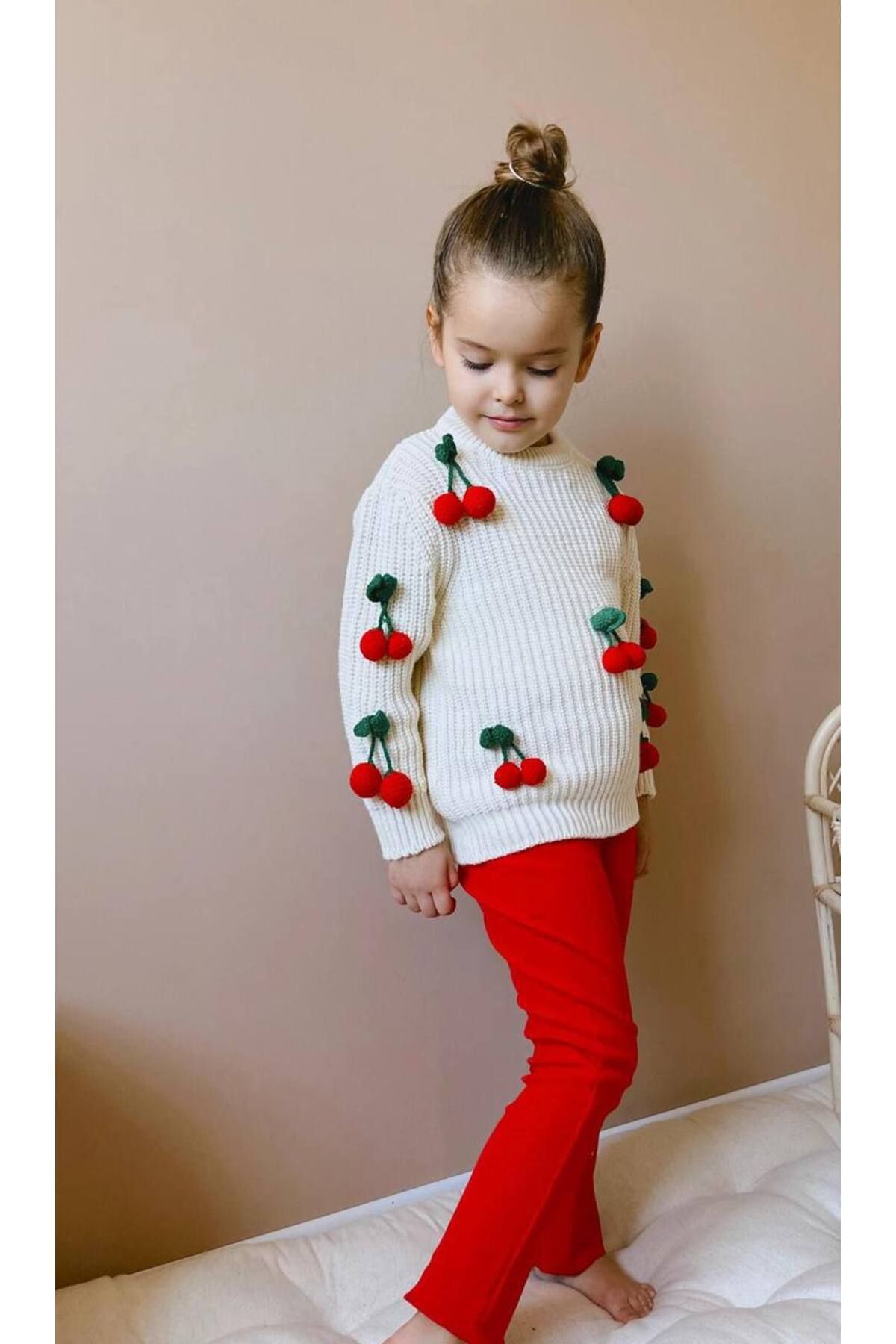 Lolliboomkids-Girl's Dangle Cherry Applique Knitwear Sweater Ribbed Leggings Bottom Top Set 2 Pieces 5