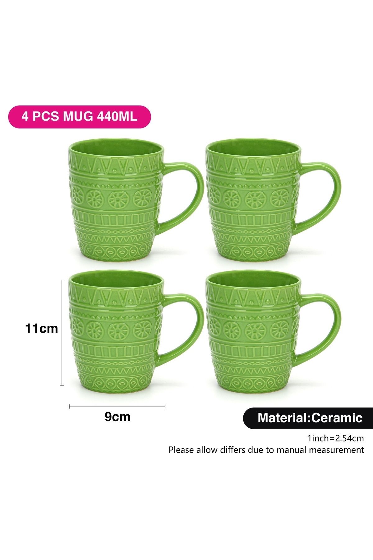 Fissman-Coffee Mug Set of 4 440mL , Ceramic Cup Motif Series, Moroccan Pattern Coffee Mugs (Green) 2