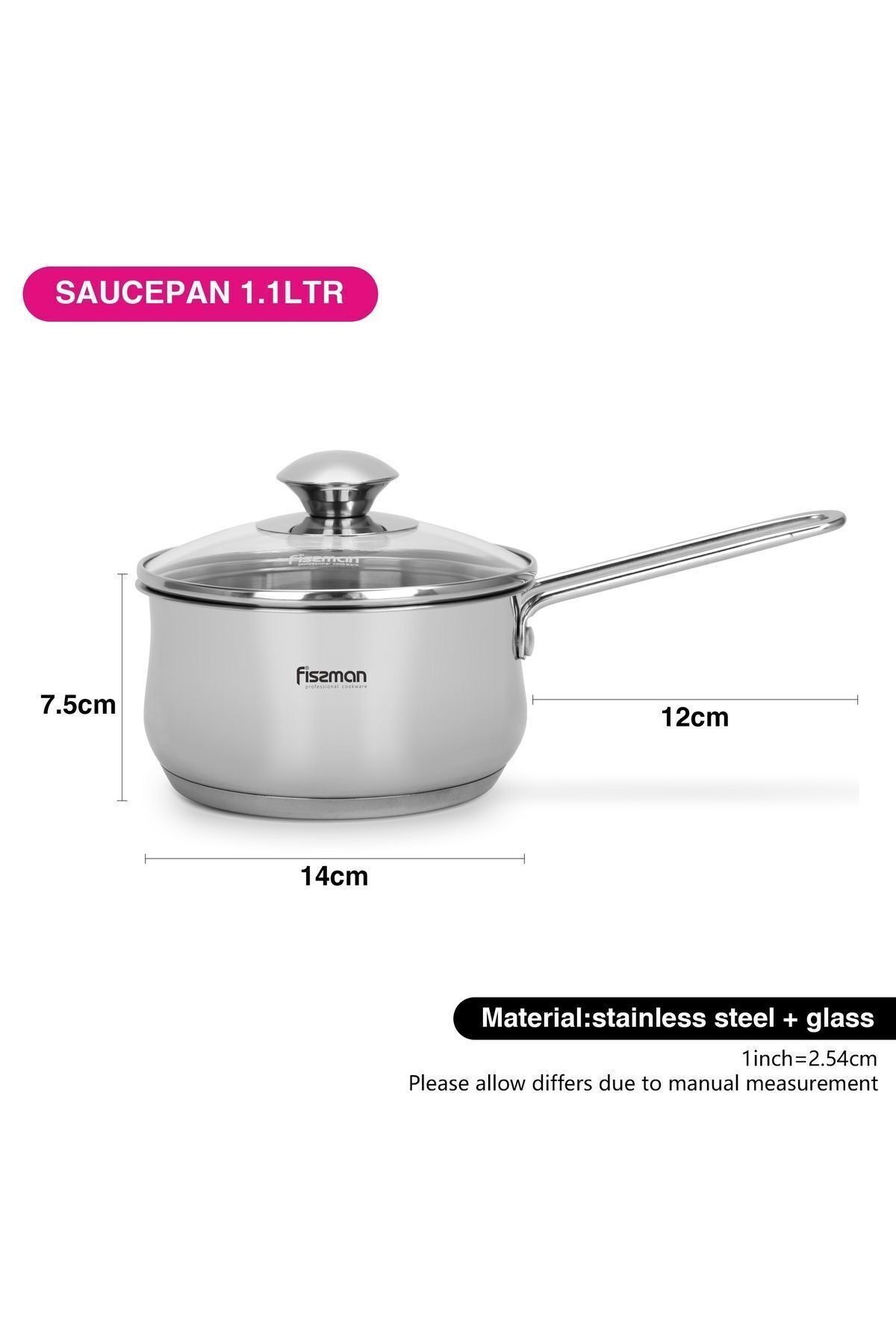 Fissman-Saucepan with Glass Lid 1.1L, Stainless Steel Saucepan 14x7.5cm, Induction Bottom 4