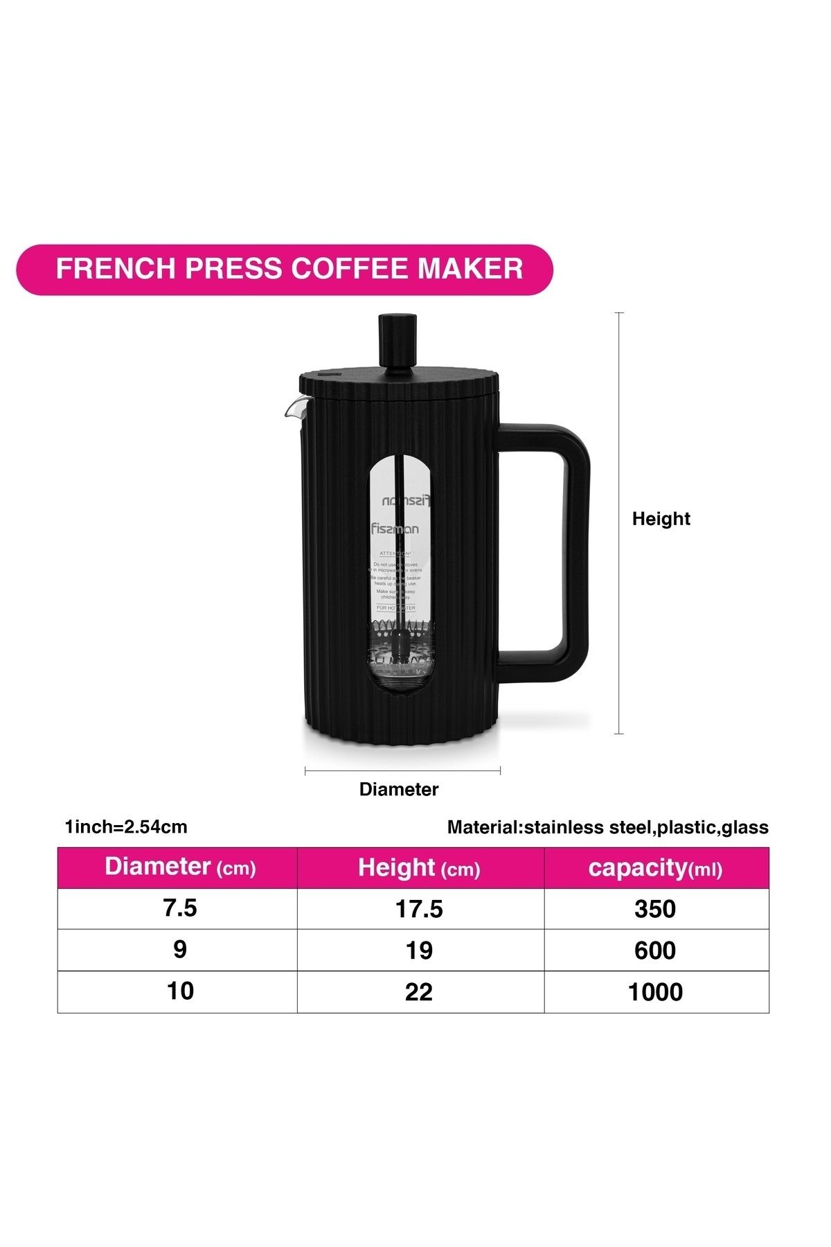 Fissman-French Press Coffee and Tea Maker 350mL, Thick Borosilicate Glass Black 5