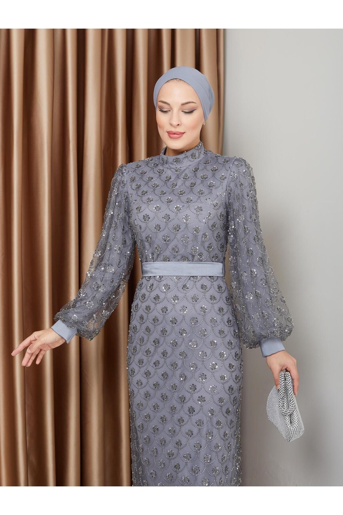 Olcay-Gray Sequined and Beaded Belted Hijab Evening Dress - 1229 3