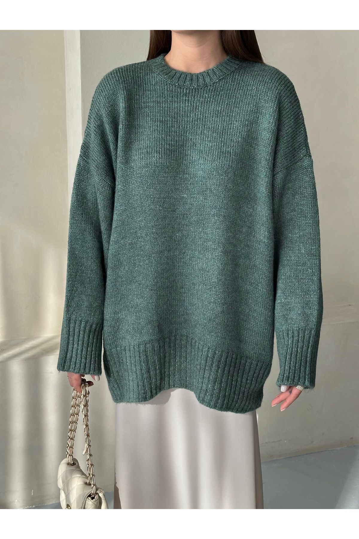 Laluvia-Petrol Green Plain Basic Thick Sweater - 4700 7