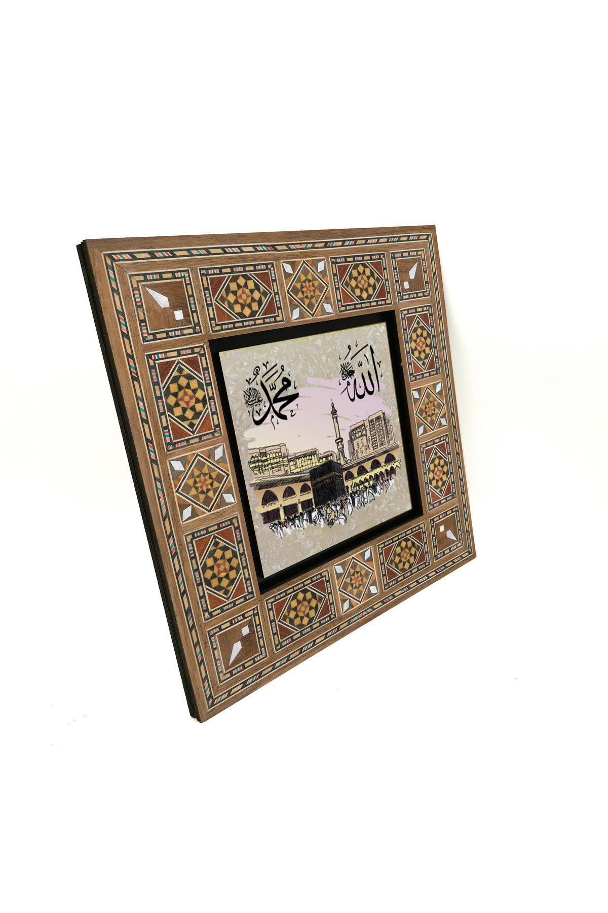 MDF Table with Allah and Muhammad Print on the Image of Kaaba-i Şerif (20x20 KH-201)