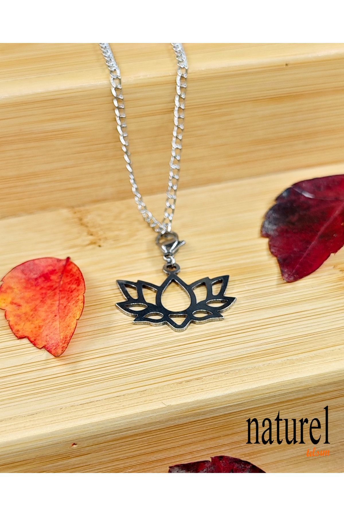 Naturel Tılsım-Silver Color Steel Necklace with Lotus Figure 1