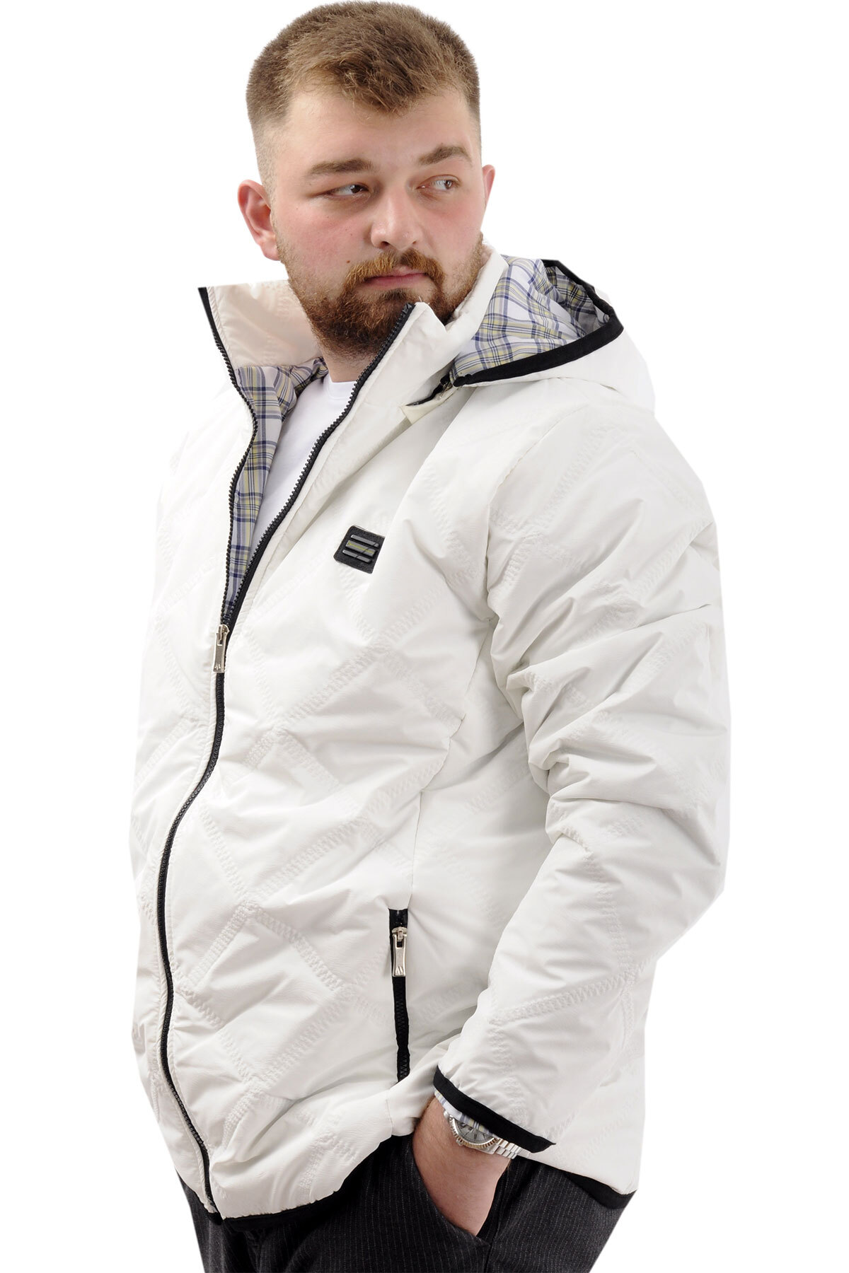 ModeXL Mode XL Büyük Beden Erkek Kapitone Mont Kapüşonlu U24606 Ekru görsel 2