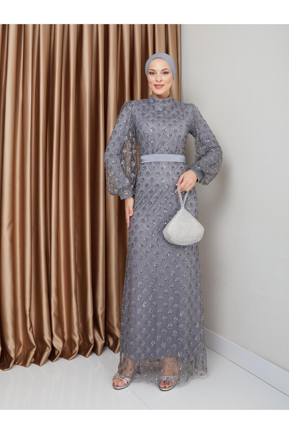 Olcay-Gray Sequined and Beaded Belted Hijab Evening Dress - 1229 1