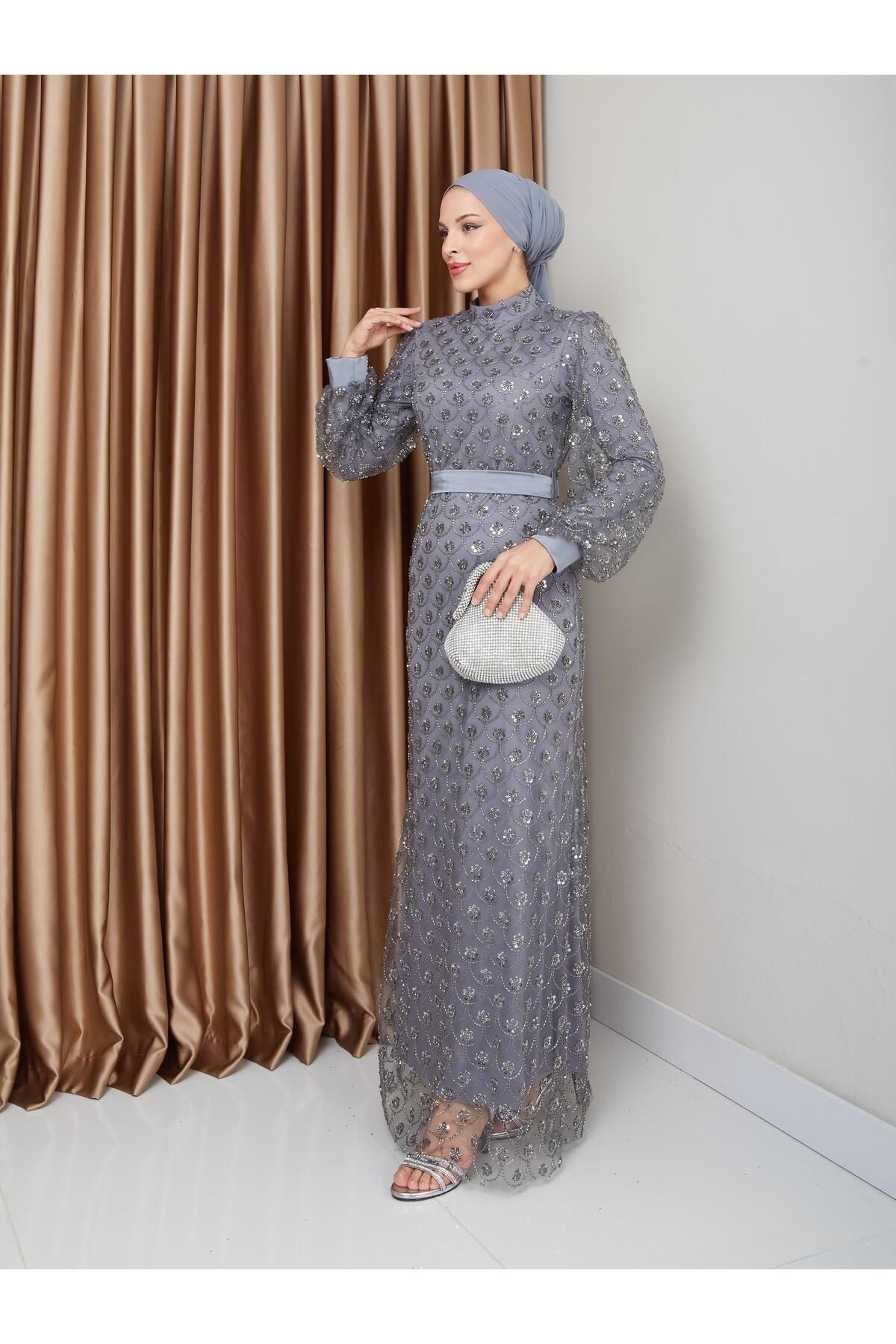 Olcay-Gray Sequined and Beaded Belted Hijab Evening Dress - 1229 6