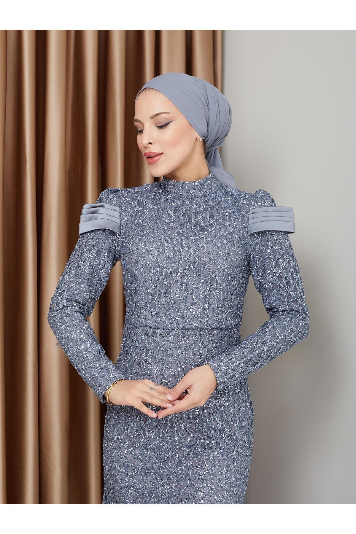 Olcay-Fish Hijab Evening Dress - Satin Detail and Sequin Pea, Grey 1676 3