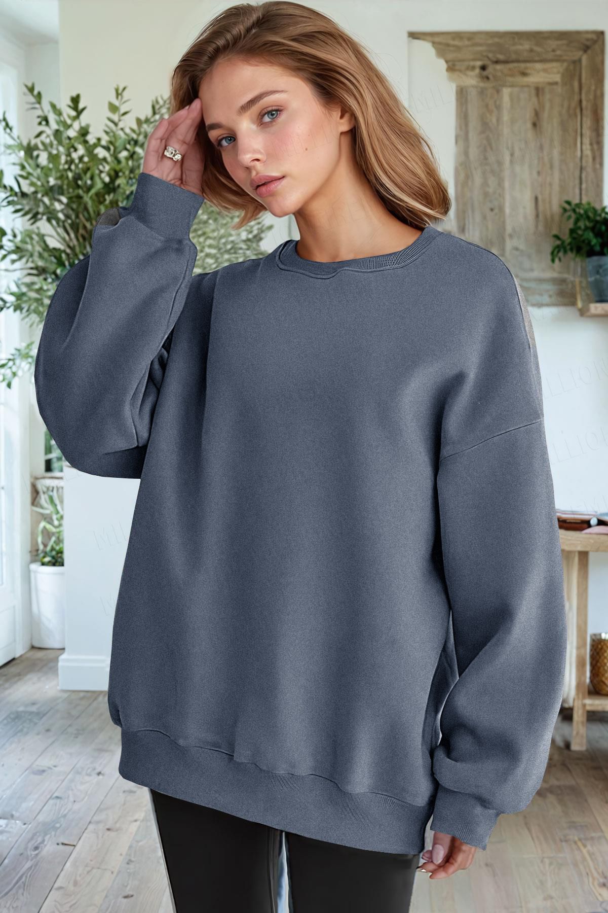 Millionaire-Women's Oil Smoked Basic 0 Crew Neck Unprinted Plain Oversize Loose Loose Fit Fleece Sweatshirt 2