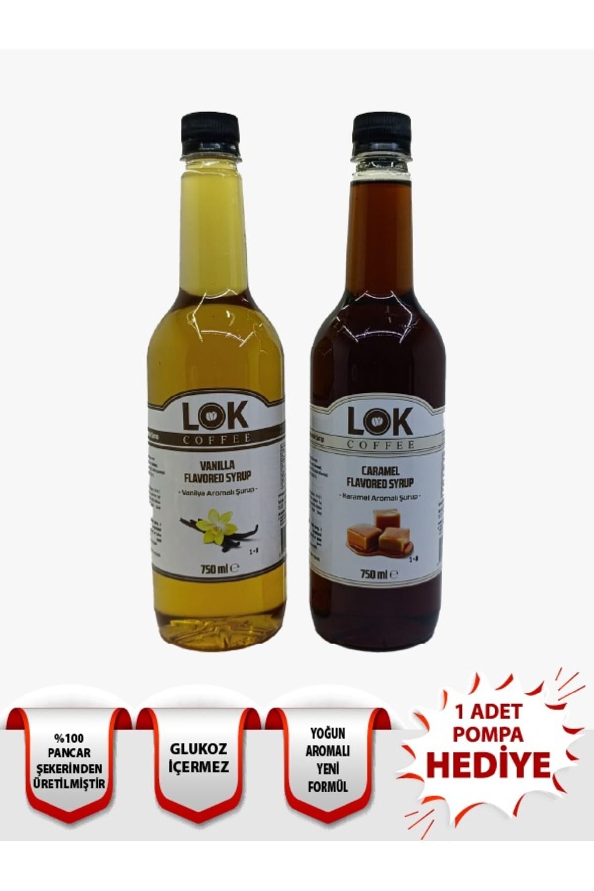 LOK COFFEE % 100 Şeker Vanilya - Karamel Aromali Kahve Şurubu 750 ml X 2 Adet-1 Ad. Pompa Hediyeli