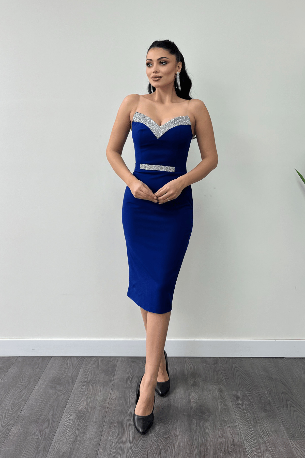 giyimmasalı-Rochie creion Atlas Fabric Stone cu detaliu de broderie - ALBASTRU SAKS 2