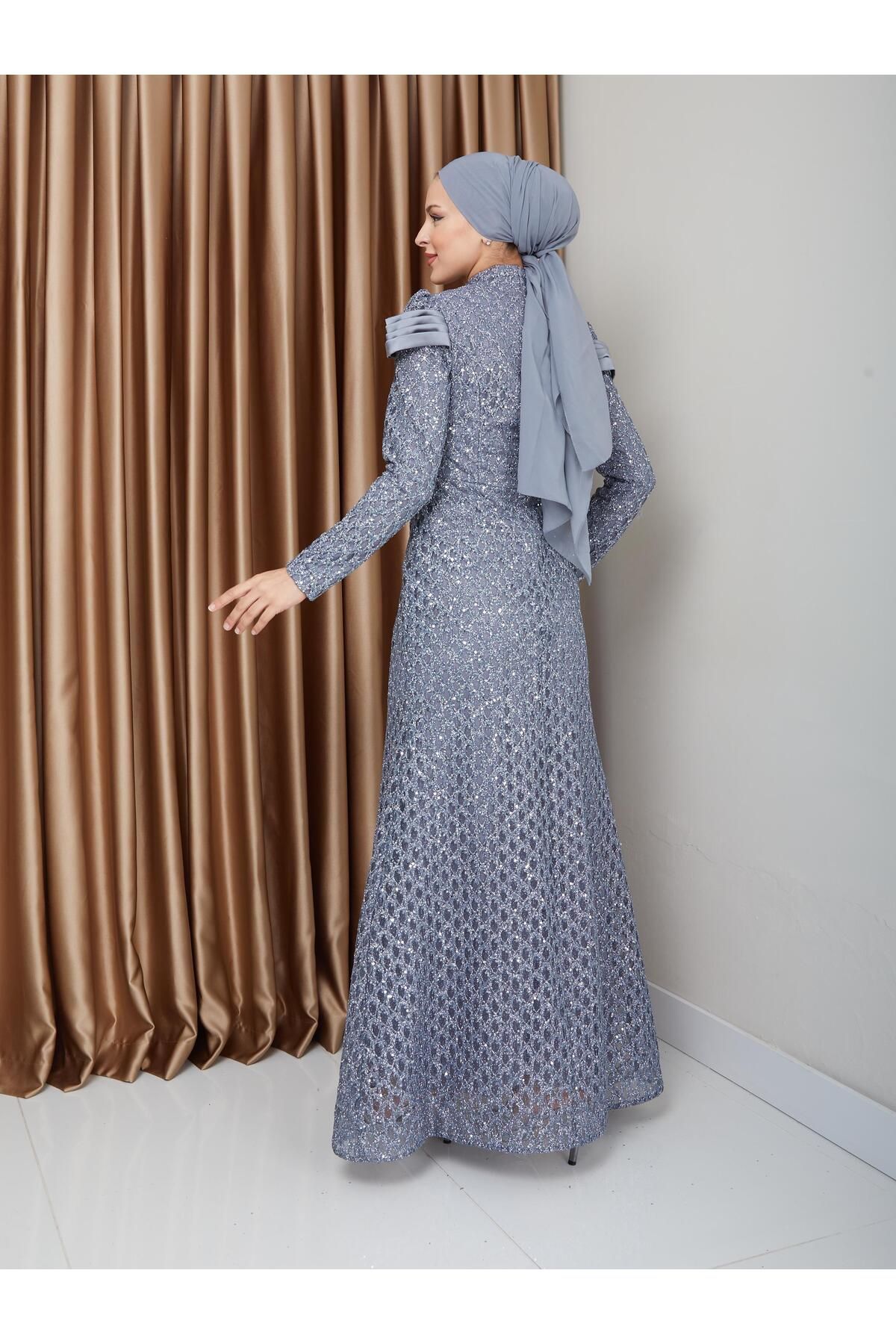 Olcay-Fish Hijab Evening Dress - Satin Detail and Sequin Pea, Grey 1676 7