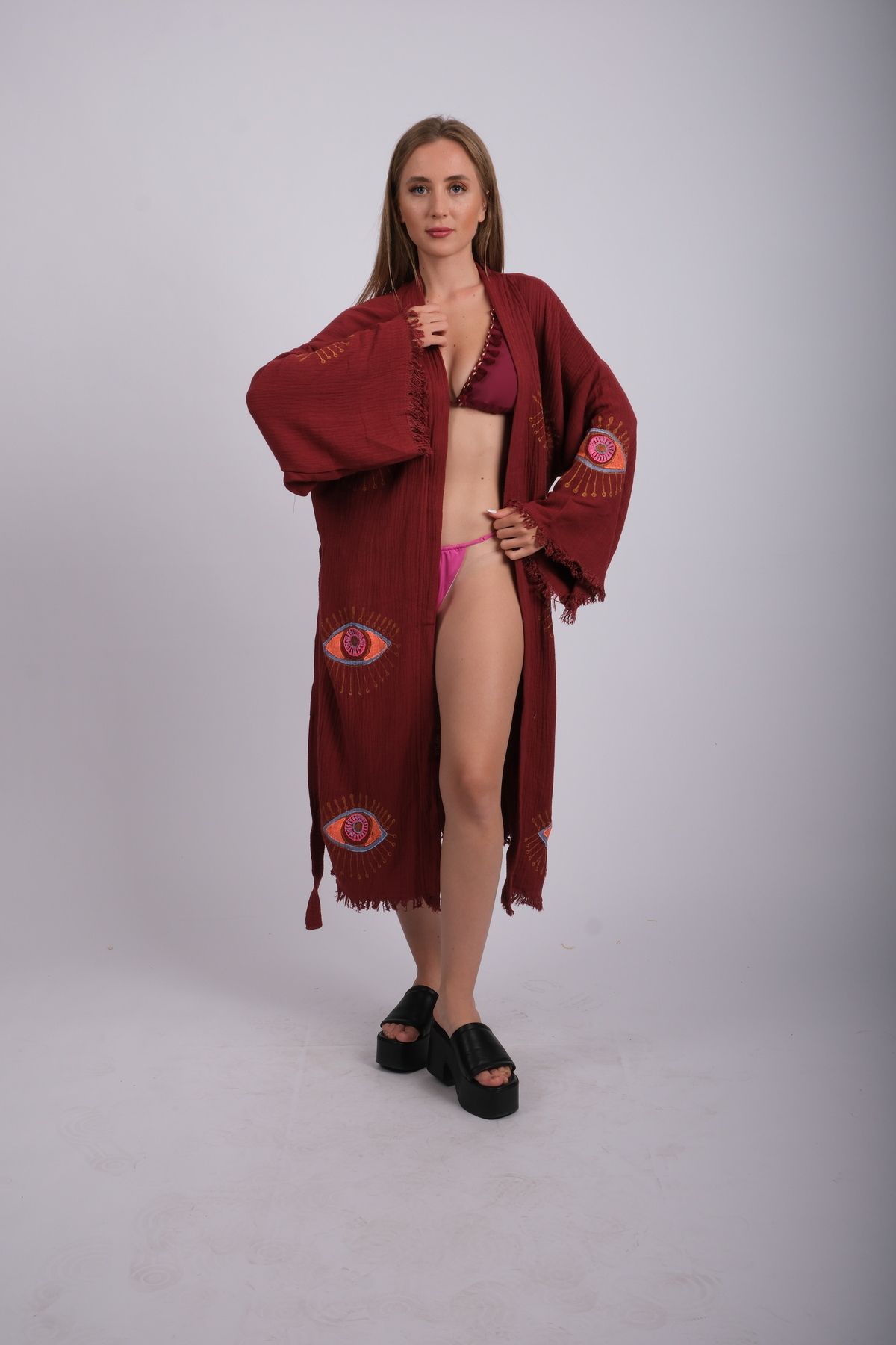 KİMO STUDİO-Burgundy Tree Print Mystic Eye Patterned Muslin Dressing Gown / Bathrobe / Kimono / Bath - Beachwear 2