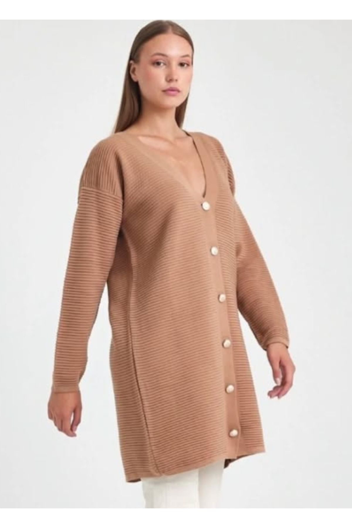 AKŞEN GİYİM-Women's Knitted Knitted Knitted 75 cm Tunic Size Cardigan with Non-Opening Texture 2