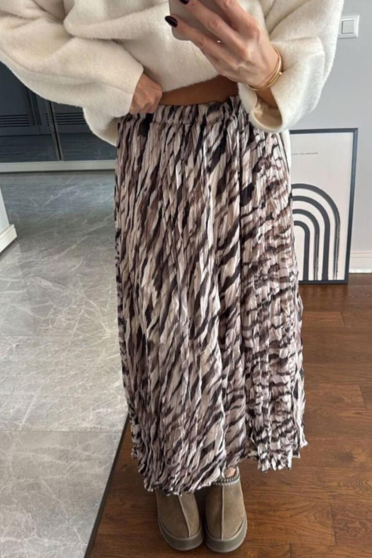 Madmext-Gray Zebra Pattern Women's Midi Skirt Mg2265 5