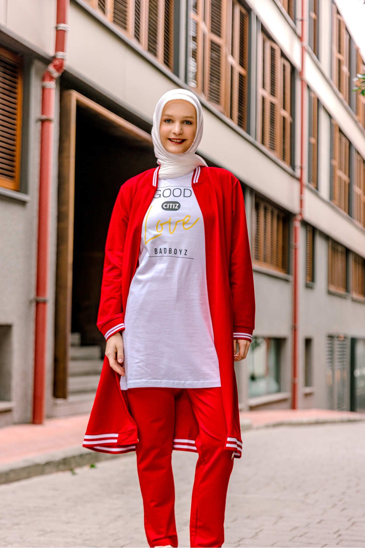 SELF CONTROL-Red Hijab Tracksuit Set - Triple Tunic Set 5