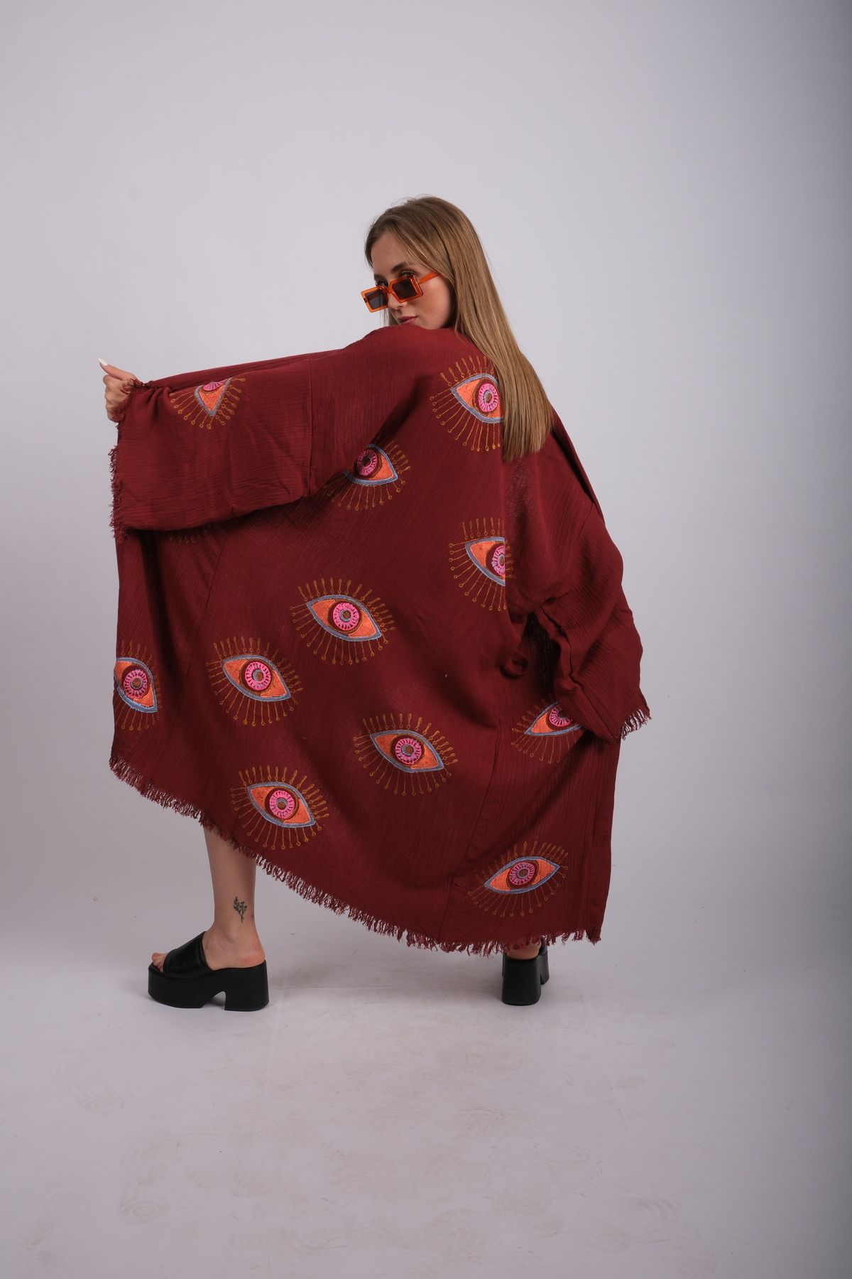 KİMO STUDİO-Burgundy Tree Print Mystic Eye Patterned Muslin Dressing Gown / Bathrobe / Kimono / Bath - Beachwear 4