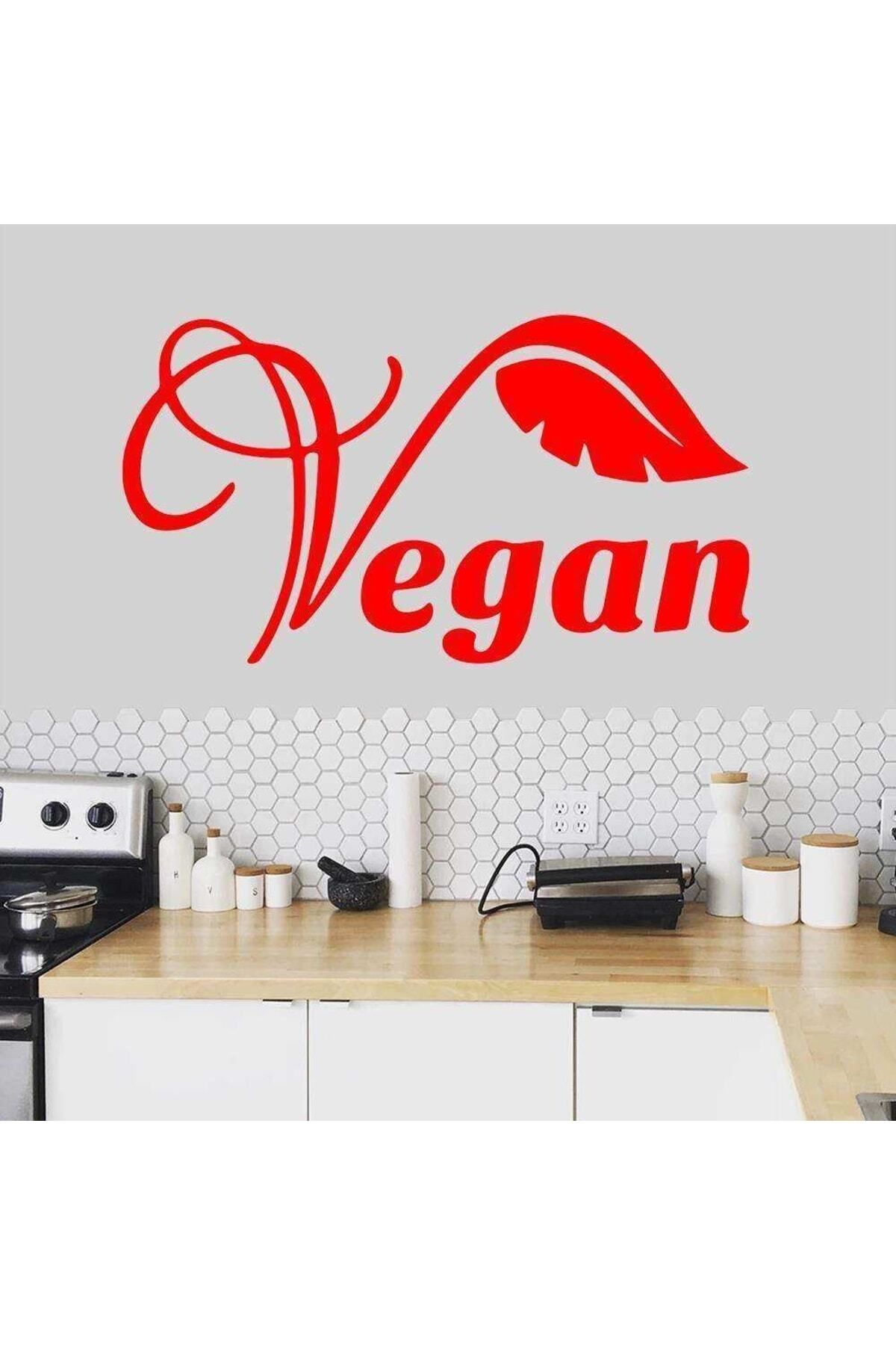 MLH STORE Vegan Yazılı Yaprak Silüet Dekoratif Duvar Sticker, Çıkartma, Etiket Kırmızı