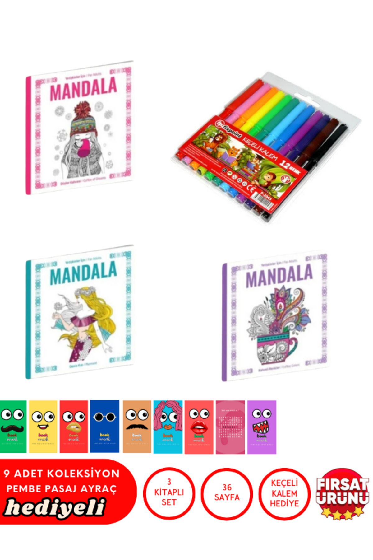 Pembe Pasaj Mandala Seti | 3'lü Mandala 12 Renkli Keçeli Kalem | Yetişkinler Için Stres Önleyici Set