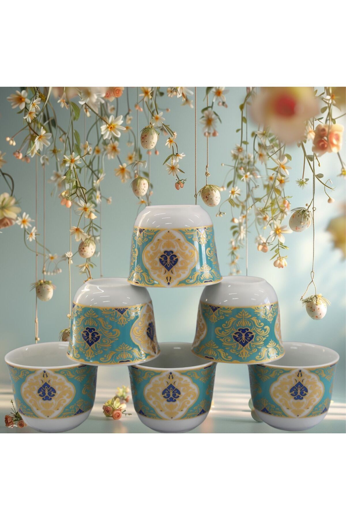 SAMSA-Green Cup Patterned - Embroidered Model Porcelain Mirra Handleless 6 Pcs 1