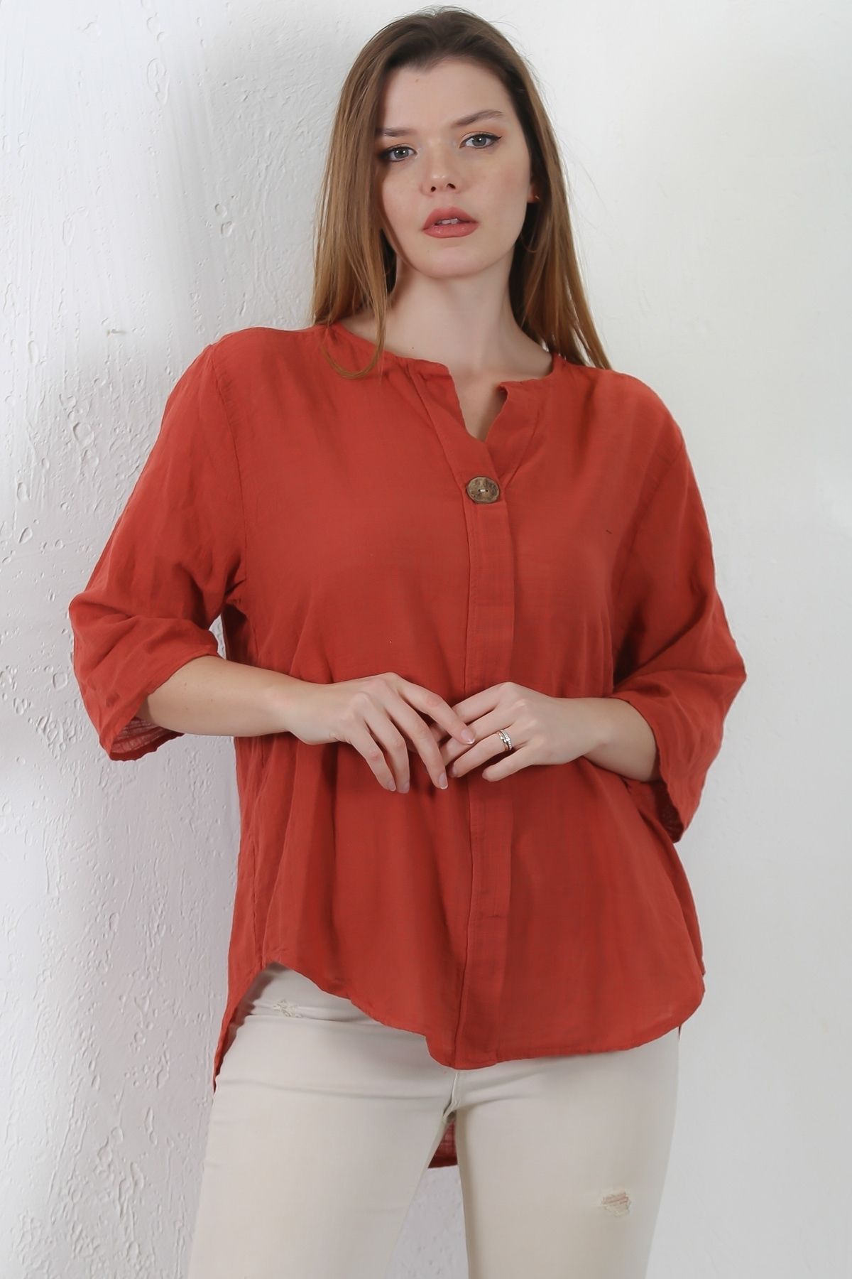 Chiccy-Italian Brick Color Placket Collar 3/4 Sleeve Button Casual Linen Blended Woven Blouse 1