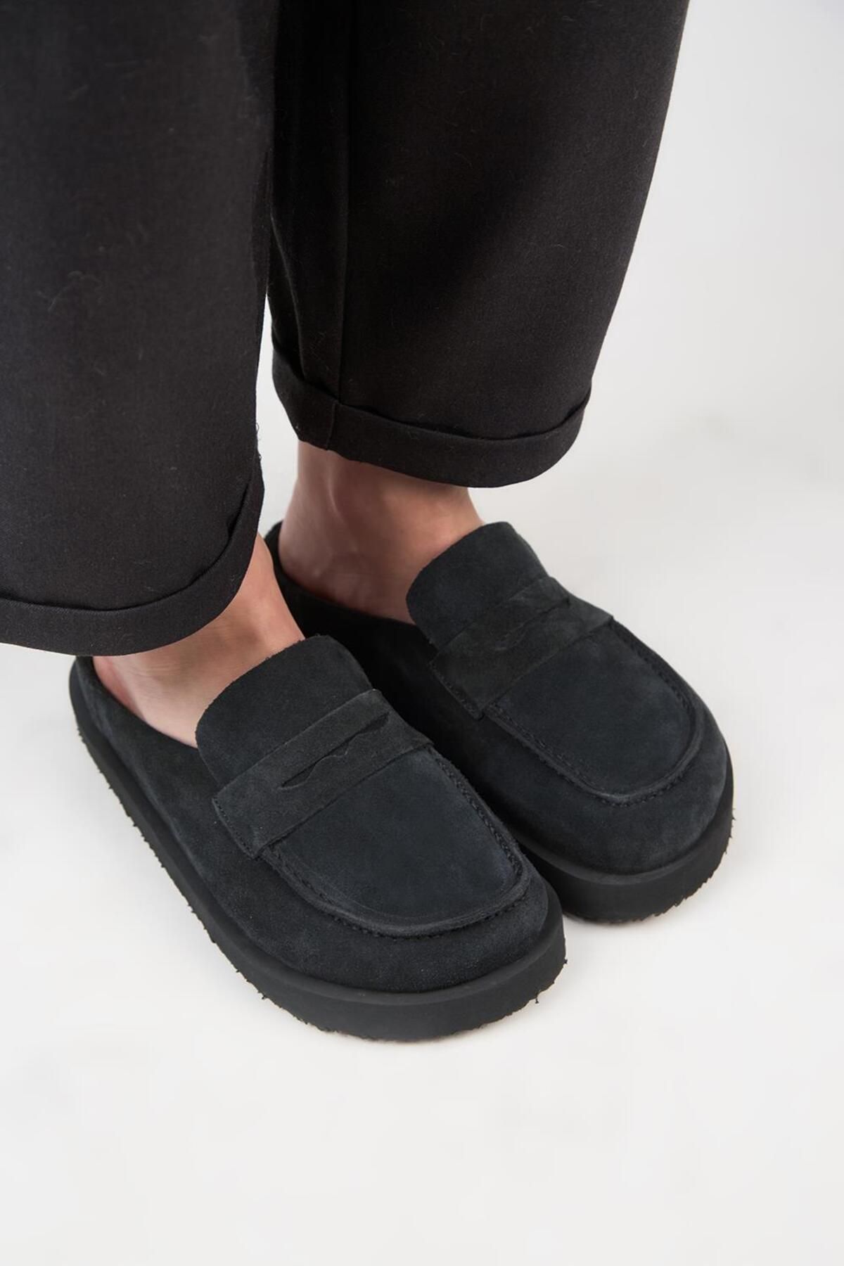 Manijero-(Ziva) Women's Genuine Leather Loafer Platform Anthracite Slippers 3