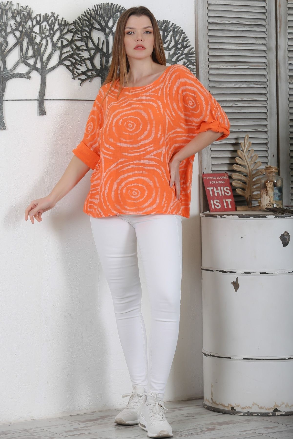 Chiccy-Italian Orange Pool Collar Bat Sleeve Print Casual Linen Blended Oversize Woven Blouse 7