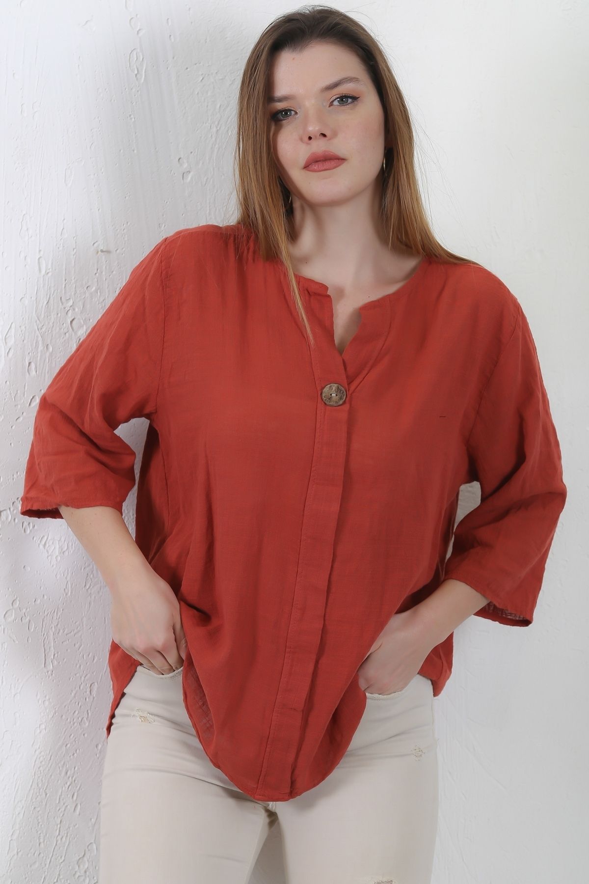 Chiccy-Italian Brick Color Placket Collar 3/4 Sleeve Button Casual Linen Blended Woven Blouse 5