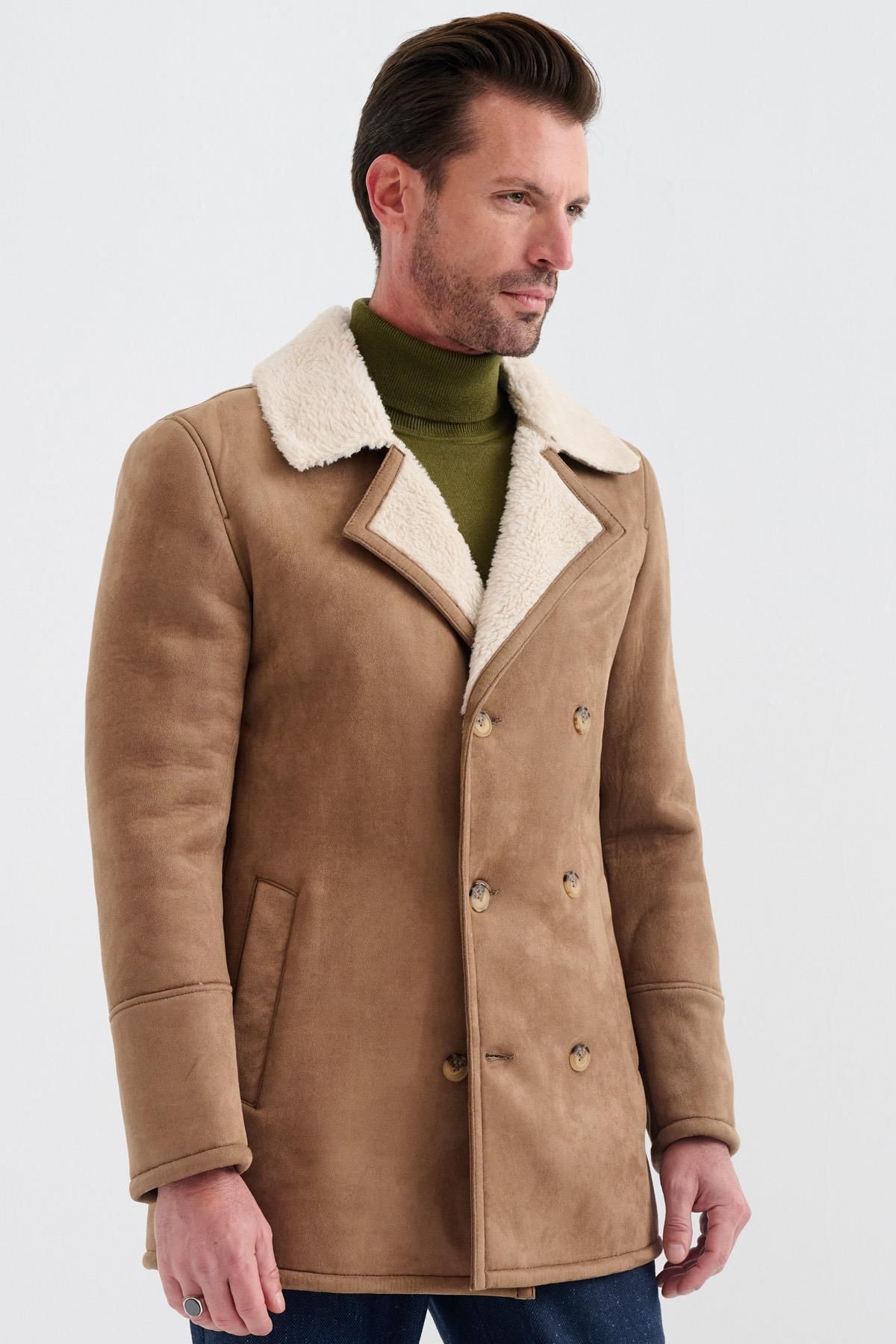 Pierre Cardin-Nolan Regular Fit Fur Lined Buttoned Folded Collar Classic Brown Suede Coat with Side Pockets 3