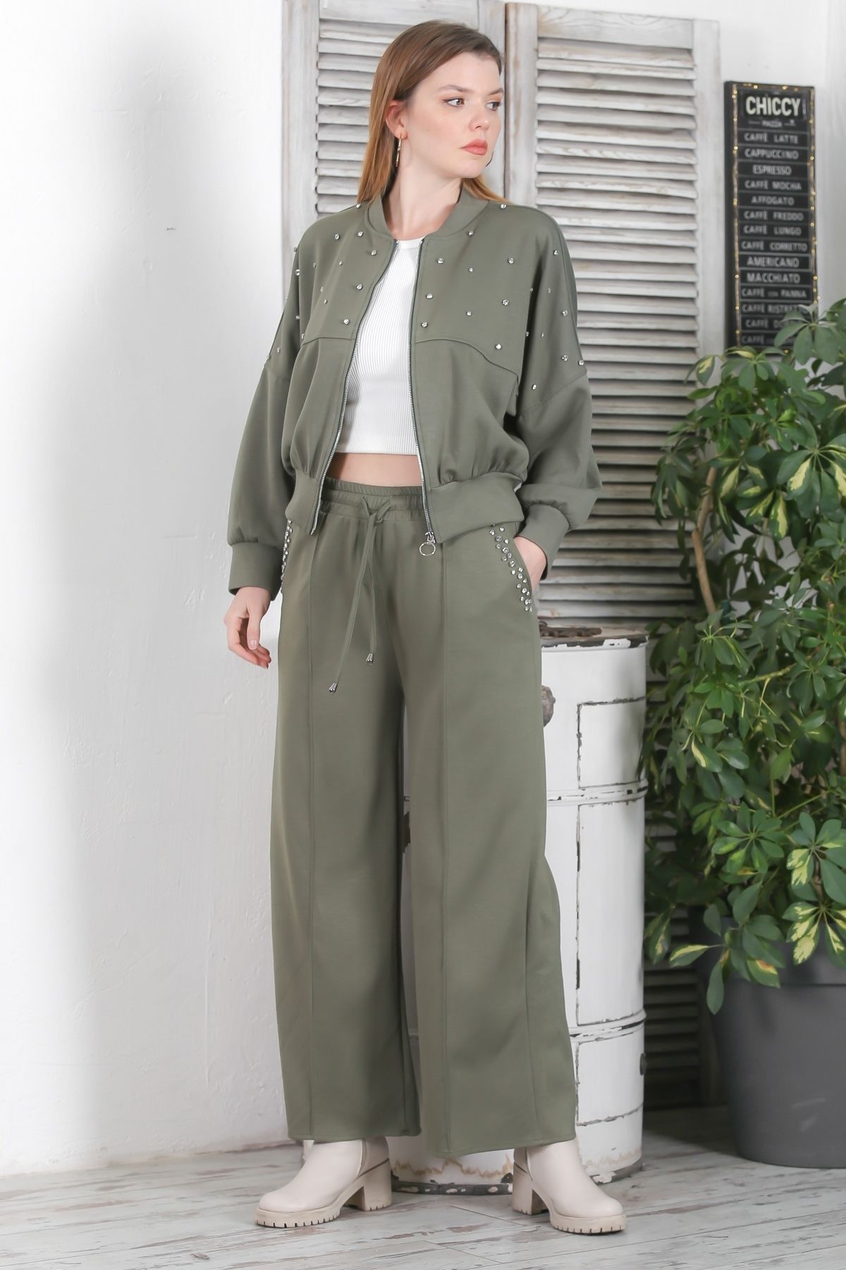 Chiccy-Italian Khaki Bomber Neck Zip-Up Double Pocket Rhinestone Wide Leg Casual Suede Woven Bottom Top Suit 2