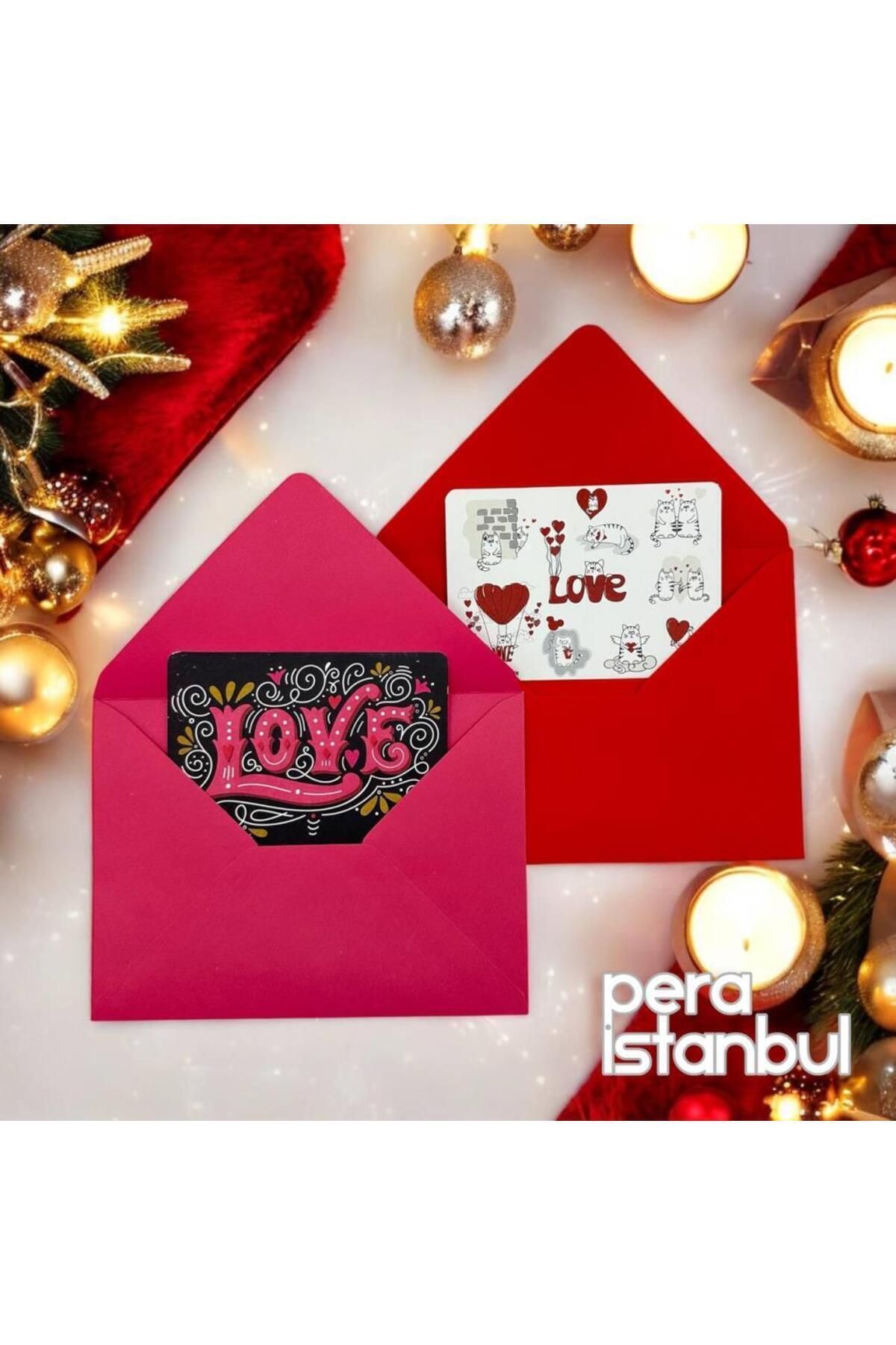 Pera İstanbul-Gift Note Card Set with Colorful Love Text Pattern - 2 Envelopes, 1 Cat 1