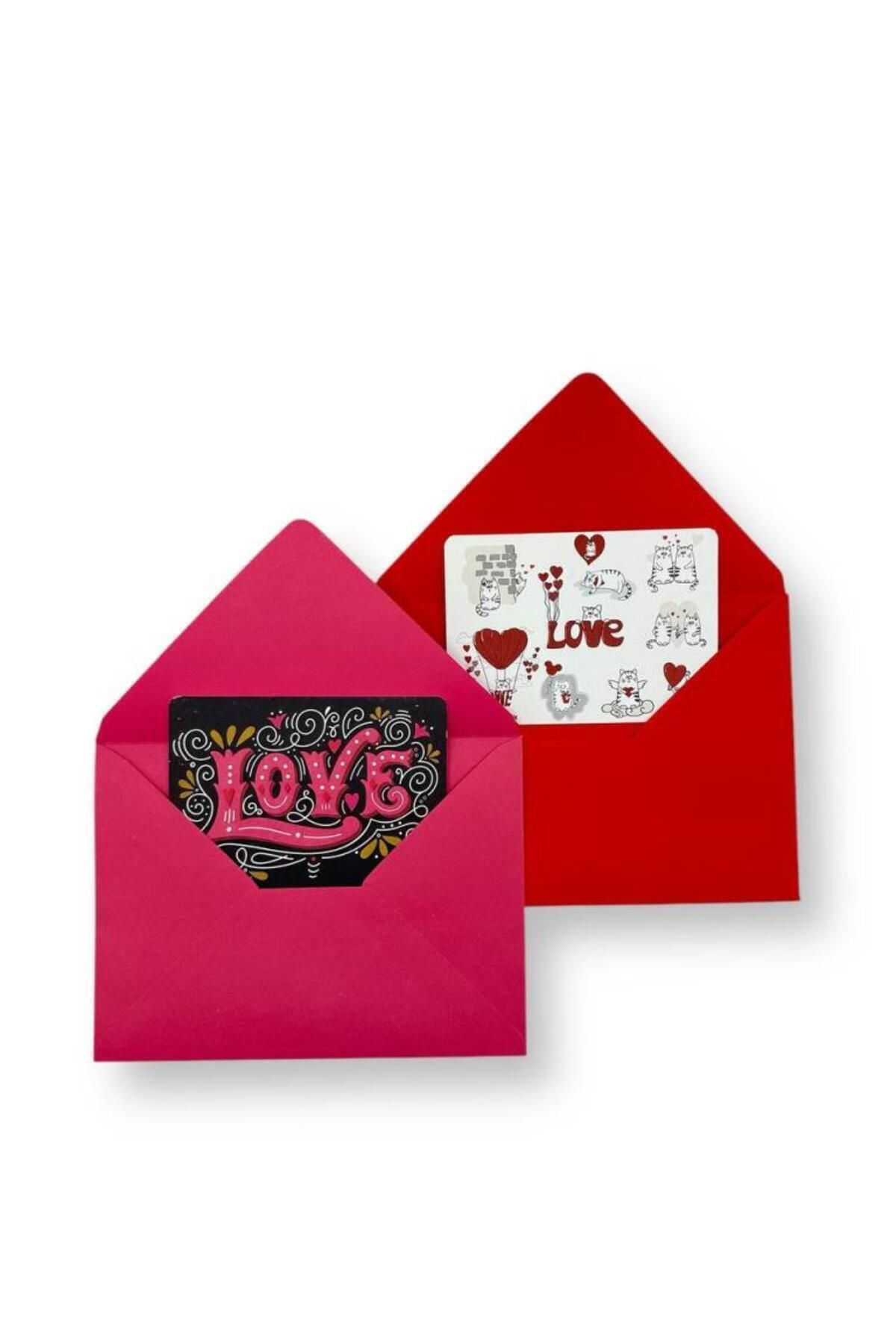 Pera İstanbul-Gift Note Card Set with Colorful Love Text Pattern - 2 Envelopes, 1 Cat 8