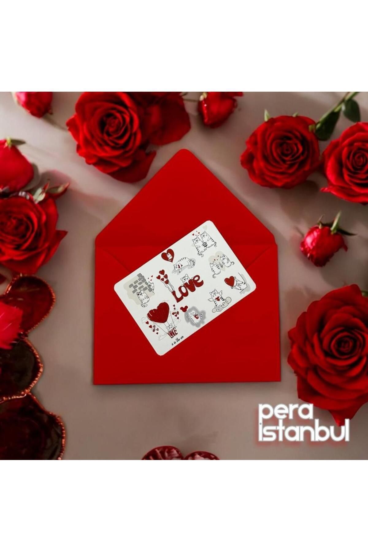 Pera İstanbul-Gift Note Card Set with Colorful Love Text Pattern - 2 Envelopes, 1 Cat 3