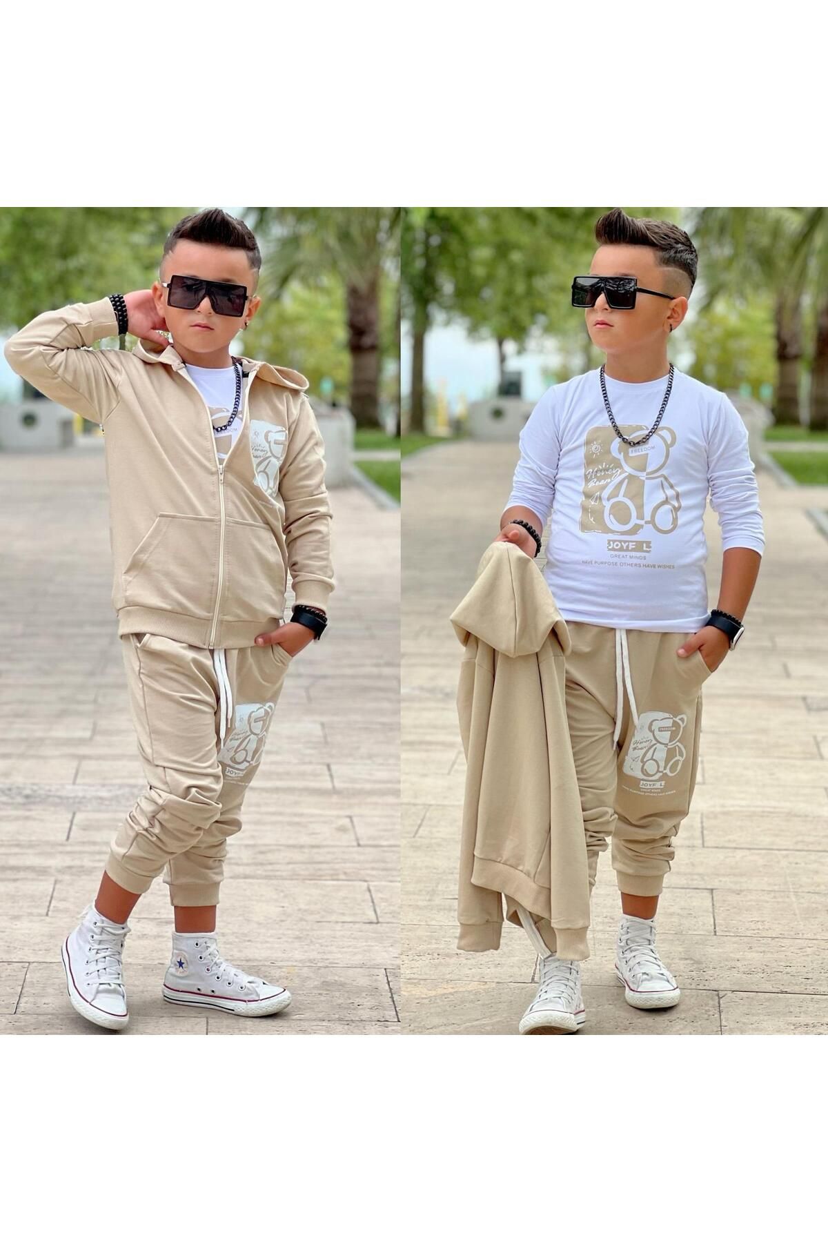 Burçak Butik-Hooded Zippered Print Detailed Boy's T-Shirt 3-Piece Bottom / Top Tracksuit Set 1