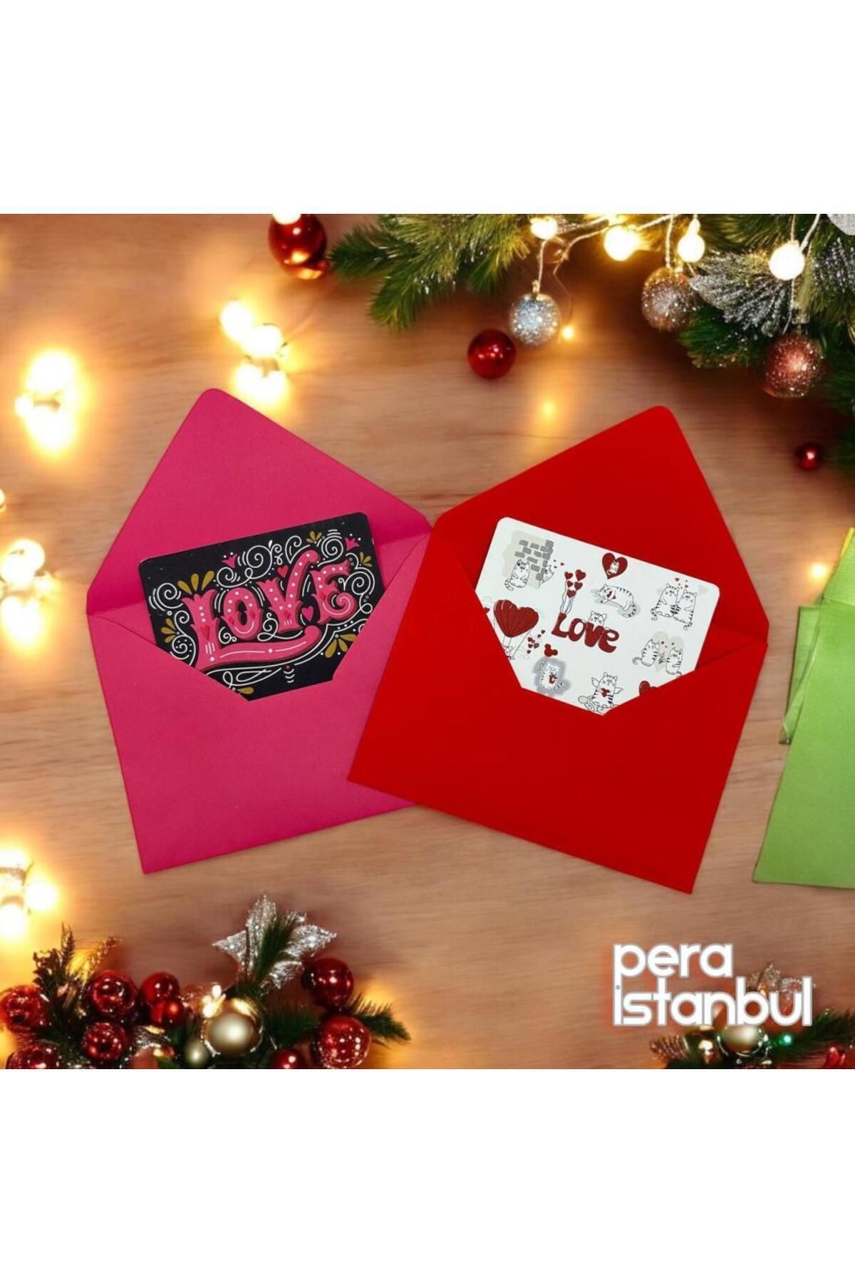 Pera İstanbul-Gift Note Card Set with Colorful Love Text Pattern - 2 Envelopes, 1 Cat 7