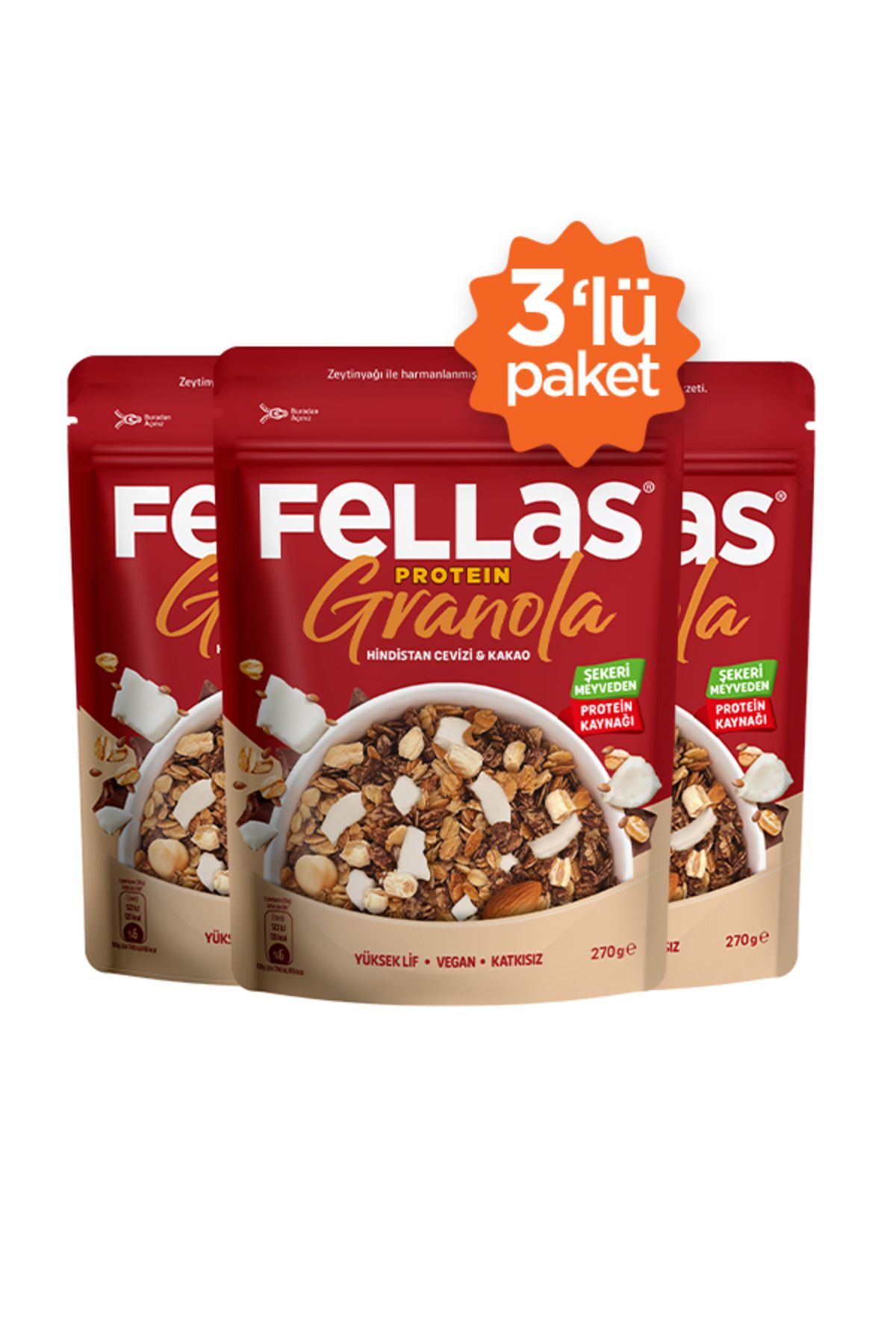 Fellas Protein Granola - Hindistan Cevizi & Kakao 270g - 3'lü Paket