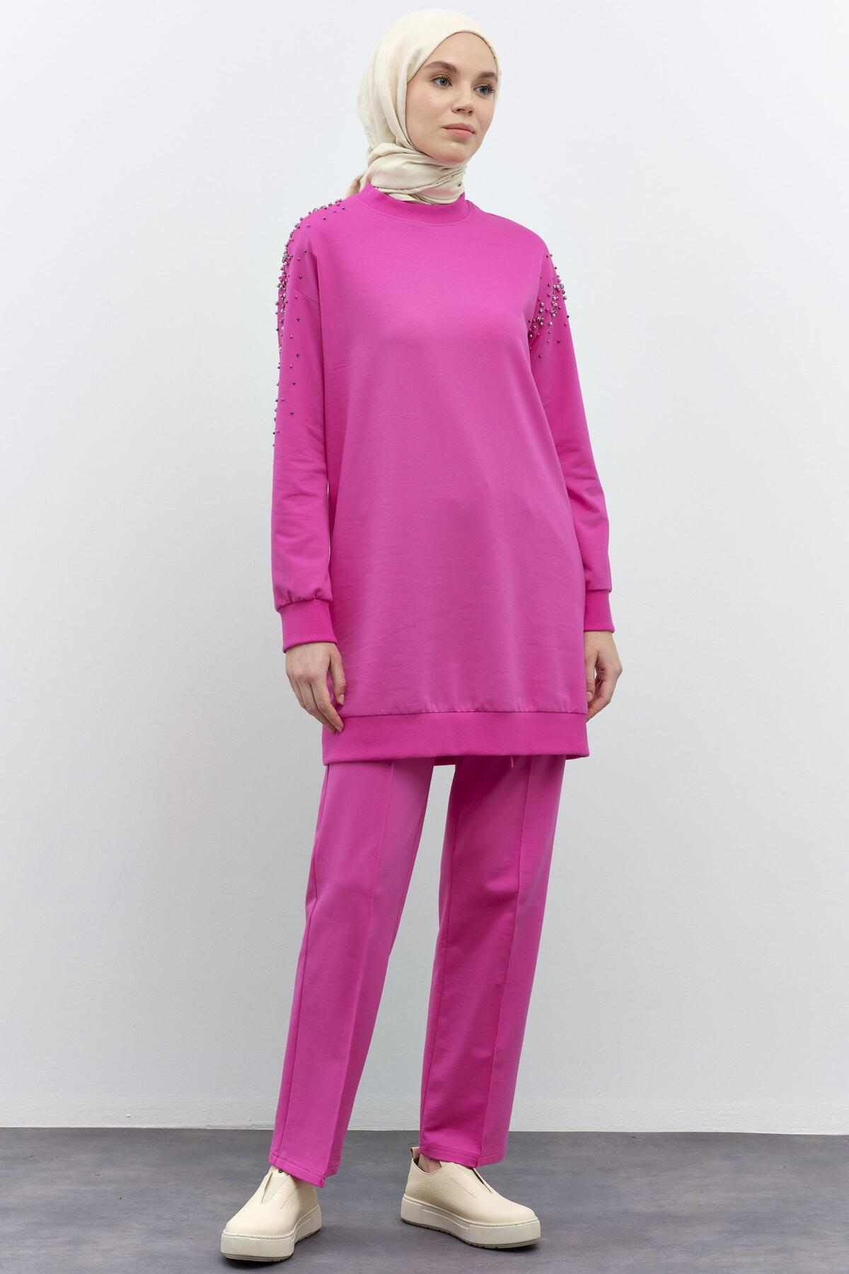 ست شلوار تونیک آستین بلند طرح سنگ - فوشیا Tuğba