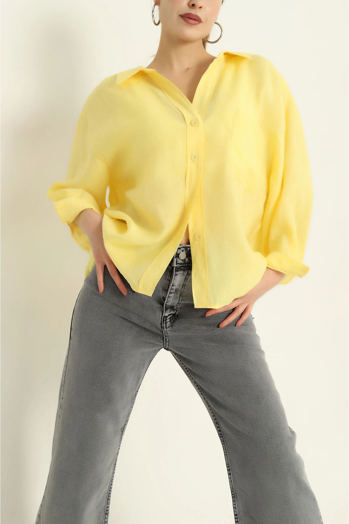 vuvutasarım-New Season Yellow Woven Linen Oversize Shirt 1