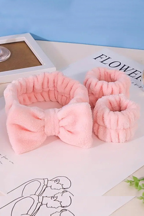 C&E Design Peluş Pembe Bileklik + Makyaj Ve Banyo Bandı Seti